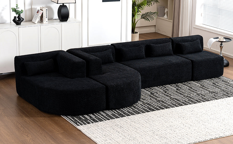 143.7" Upholstered Sofa Free Combined Sofa Couch With Two Chaise Lounge And Five Back Pillows For Living Room, Black Black Foam Polyester 5 Seat