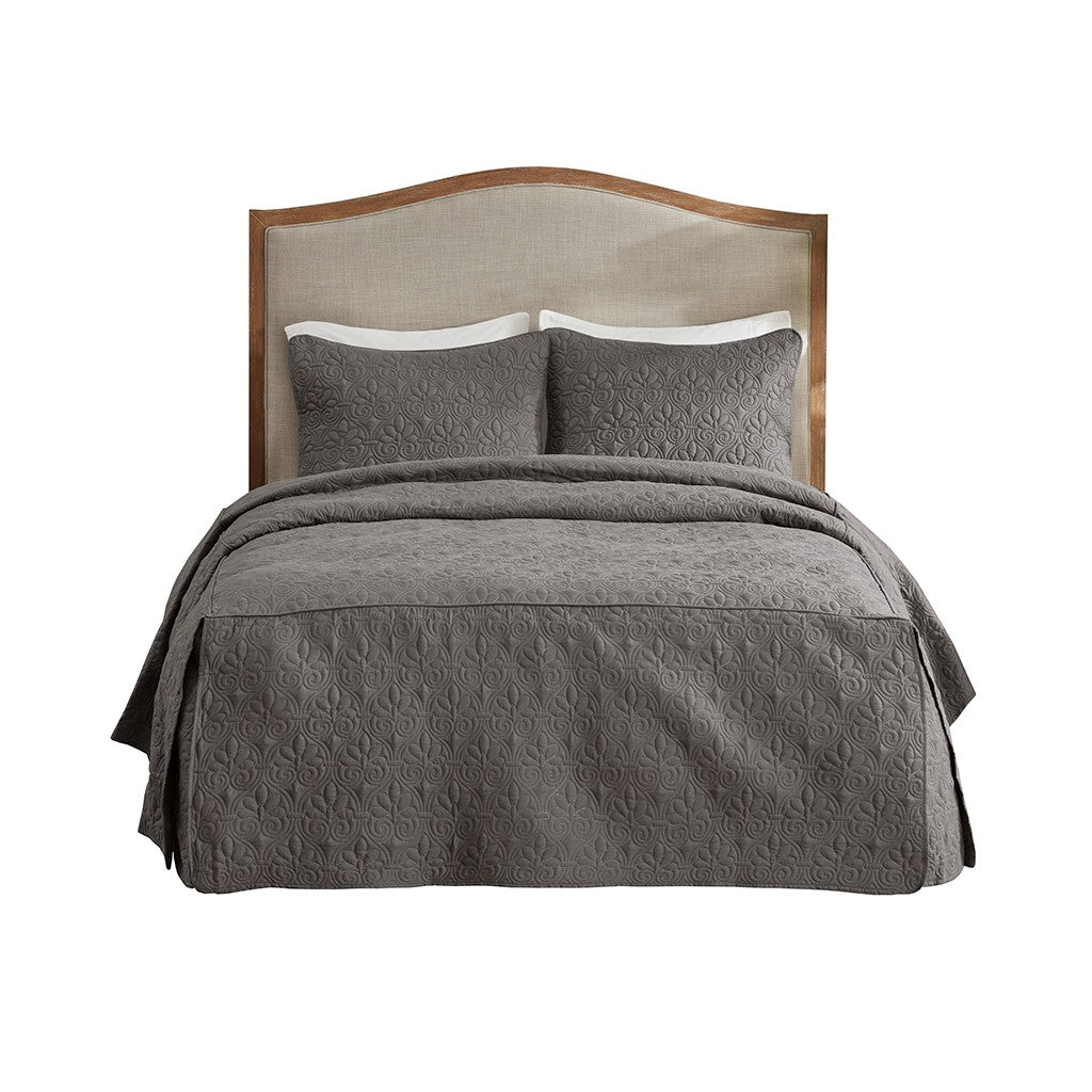 3 Piece Split Corner Pleated Quilted Bedspread Dark Grey King Dark Grey Polyester