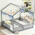 Double Twin House Style Floor Bed With Fence, Guardrails, Without Door, Grey Twin Grey American Design Pine