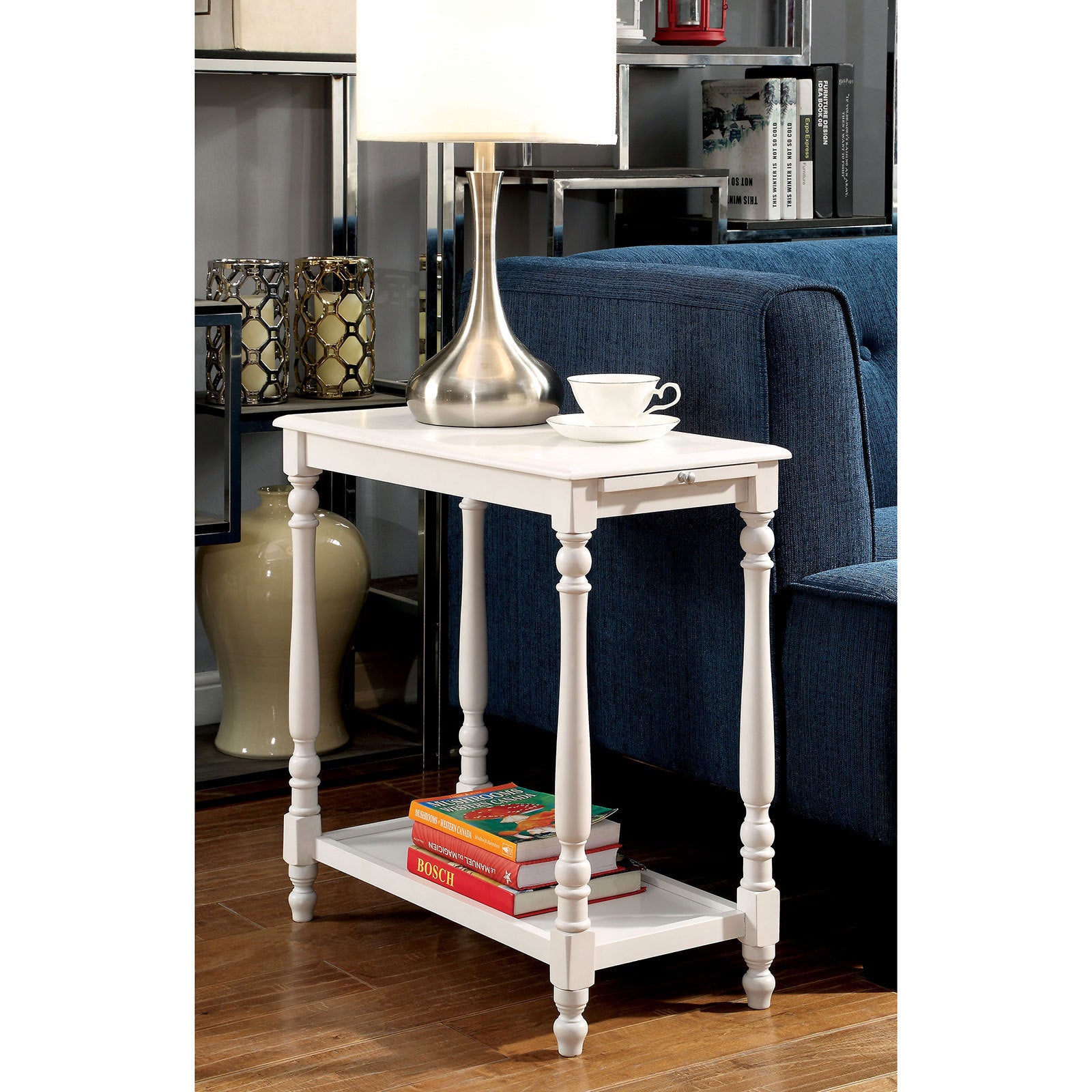 Modern Transitional White 1Pc Side Table Nightstand Hidden Tray Open Shelf Sofa Side Table Turned Legs Multifunctional Home Furniture White White Bedroom Contemporary,Modern,Transitional Open Storage Rectangular Solid Wood