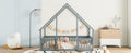 Full Wood House Shaped Floor Bed With Fence, Guardrails,Grey Full Grey American Design Pine