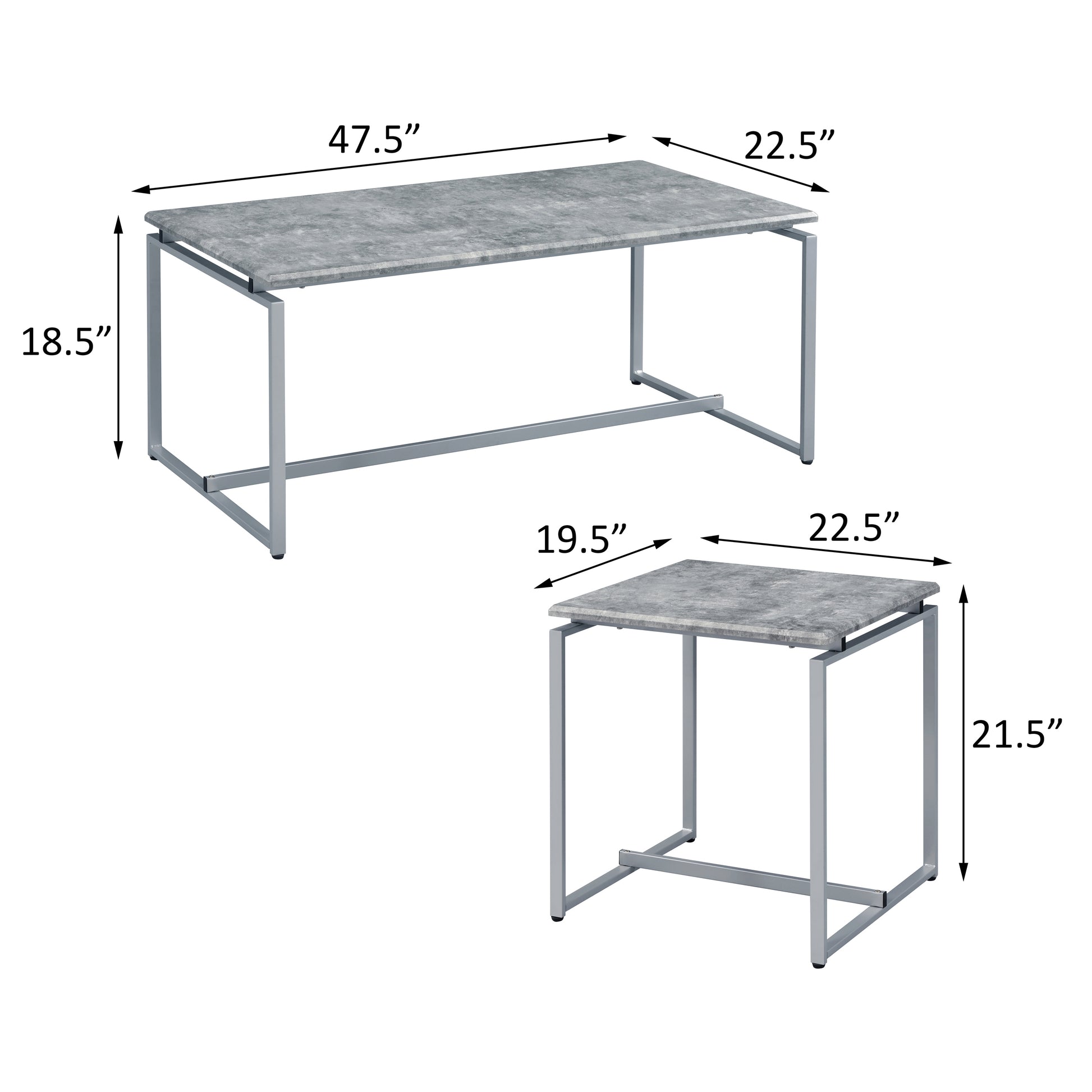 Grey And Silver Occasional Set With Trestle Base Grey Silver Primary Living Space Modern Rectangular Wood Metal Sled