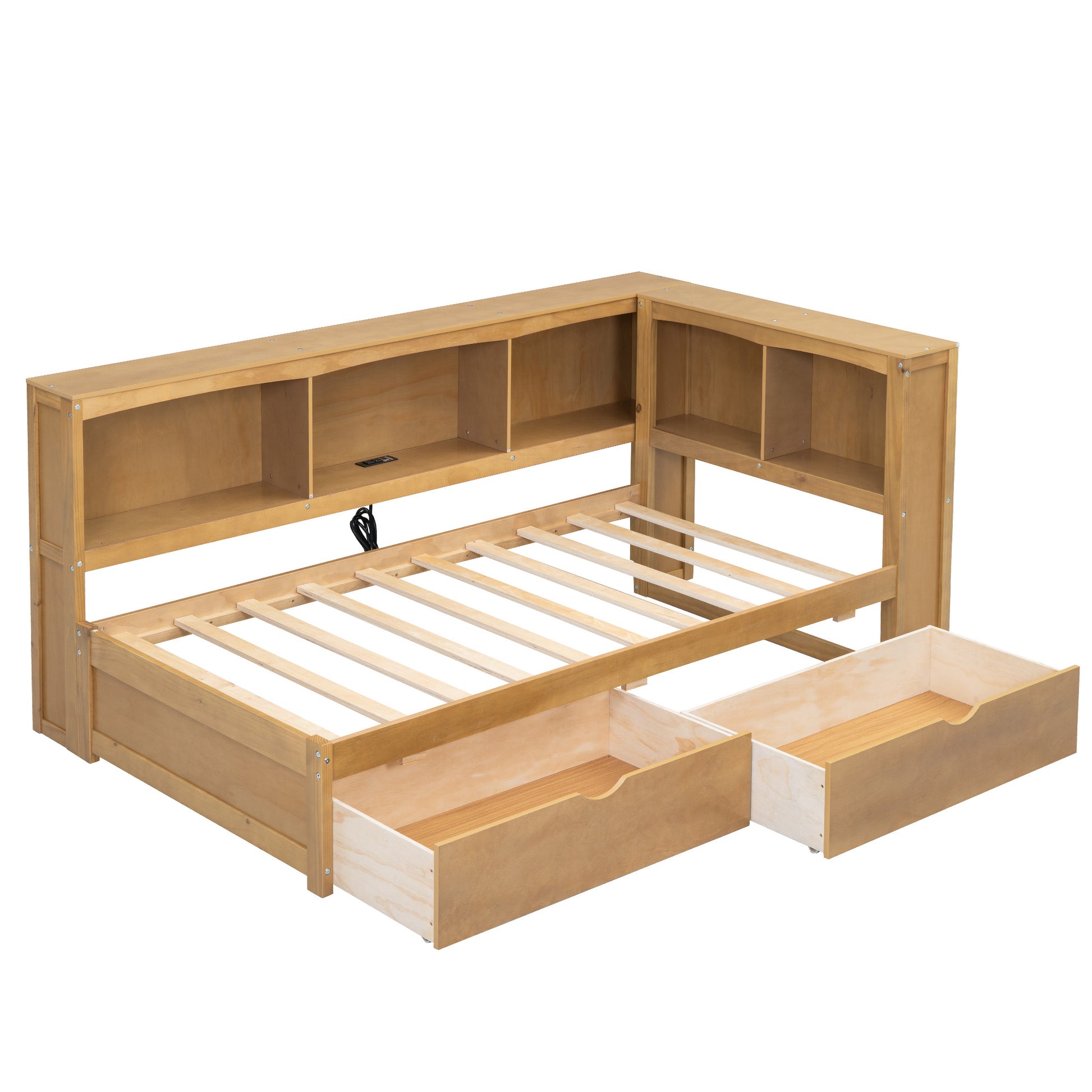 Twin Size Daybed With Two Storage Drawers, Storage Cabinets And Usb Ports, Wood Color Twin Wood Solid Wood Mdf