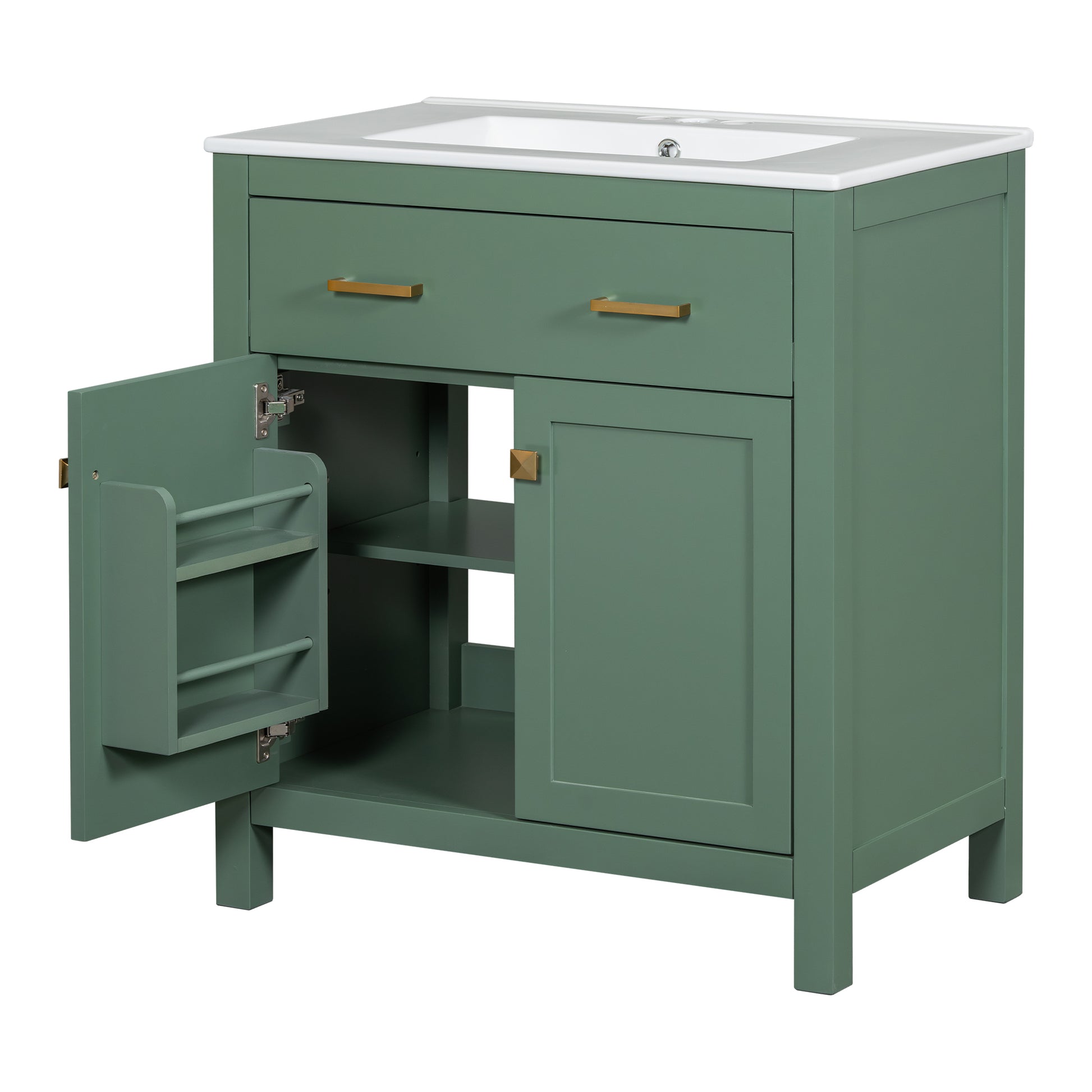 30 Inch Bathroom Vanity With Ceramic Sink, Modern Green Single Bathroom Cabinet With 2 Doors And A Shelf, Soft Close Doors Green Bathroom Solid Wood Mdf