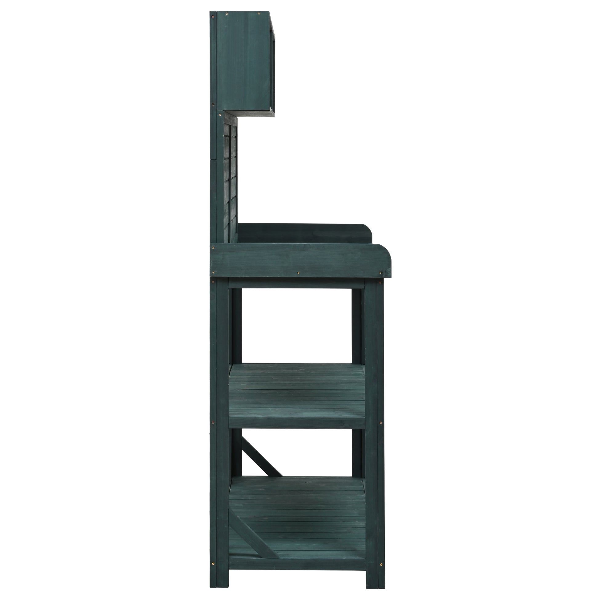 65" Large Wooden Farmhouse Rustic Outdoor Potting Bench Table, Patio Workstation, Garden Potting Bench With 4 Storage Shelves And Side Hook, Forest Green Green Garden & Outdoor Casual Wood Solid