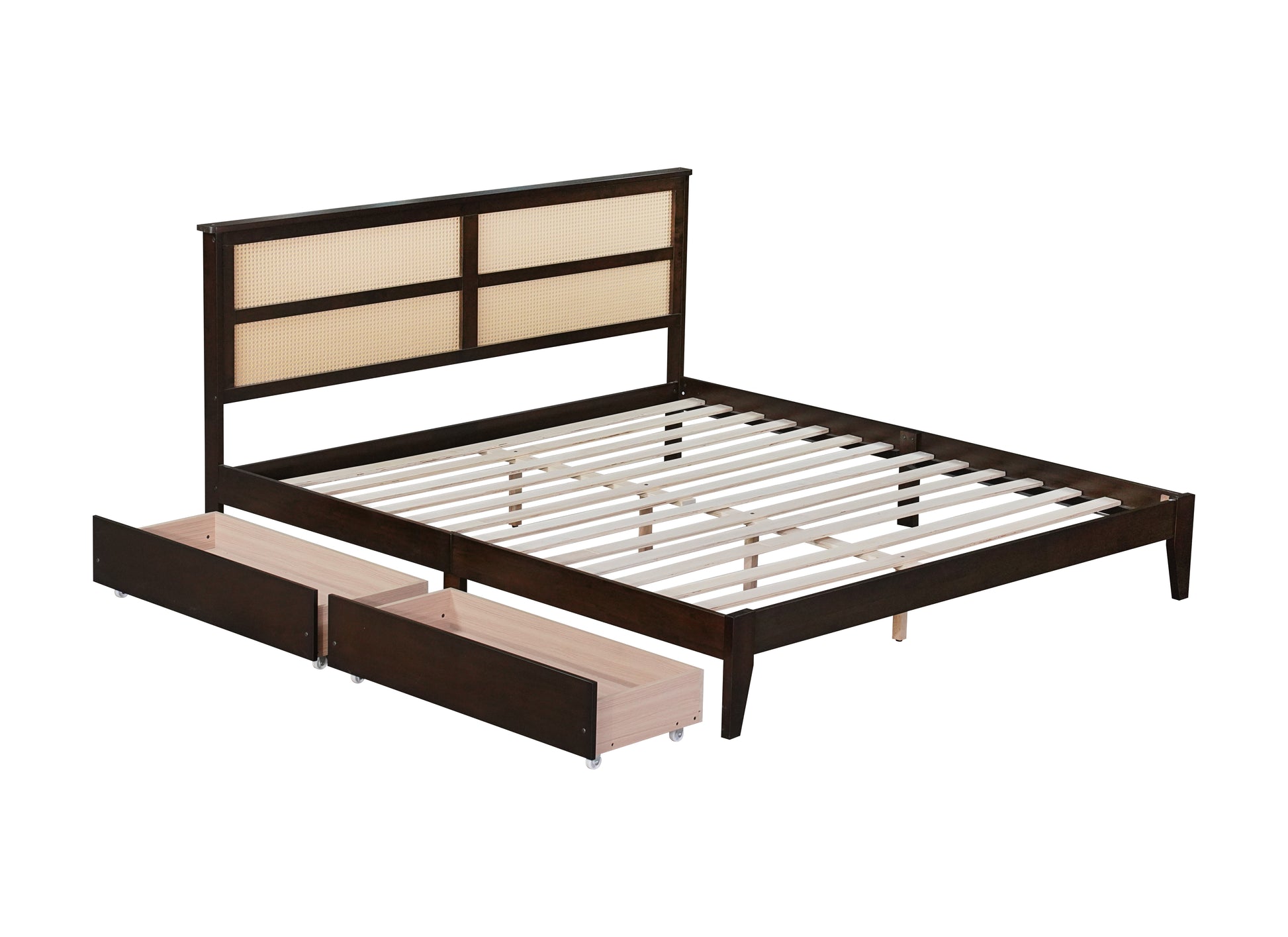 King Size Bed With Rattan Headboard, Two Storage Drawers, Rubber Wood Bed With Enhanced Support Salts And Feet,Espresso King Espresso Rubber Wood