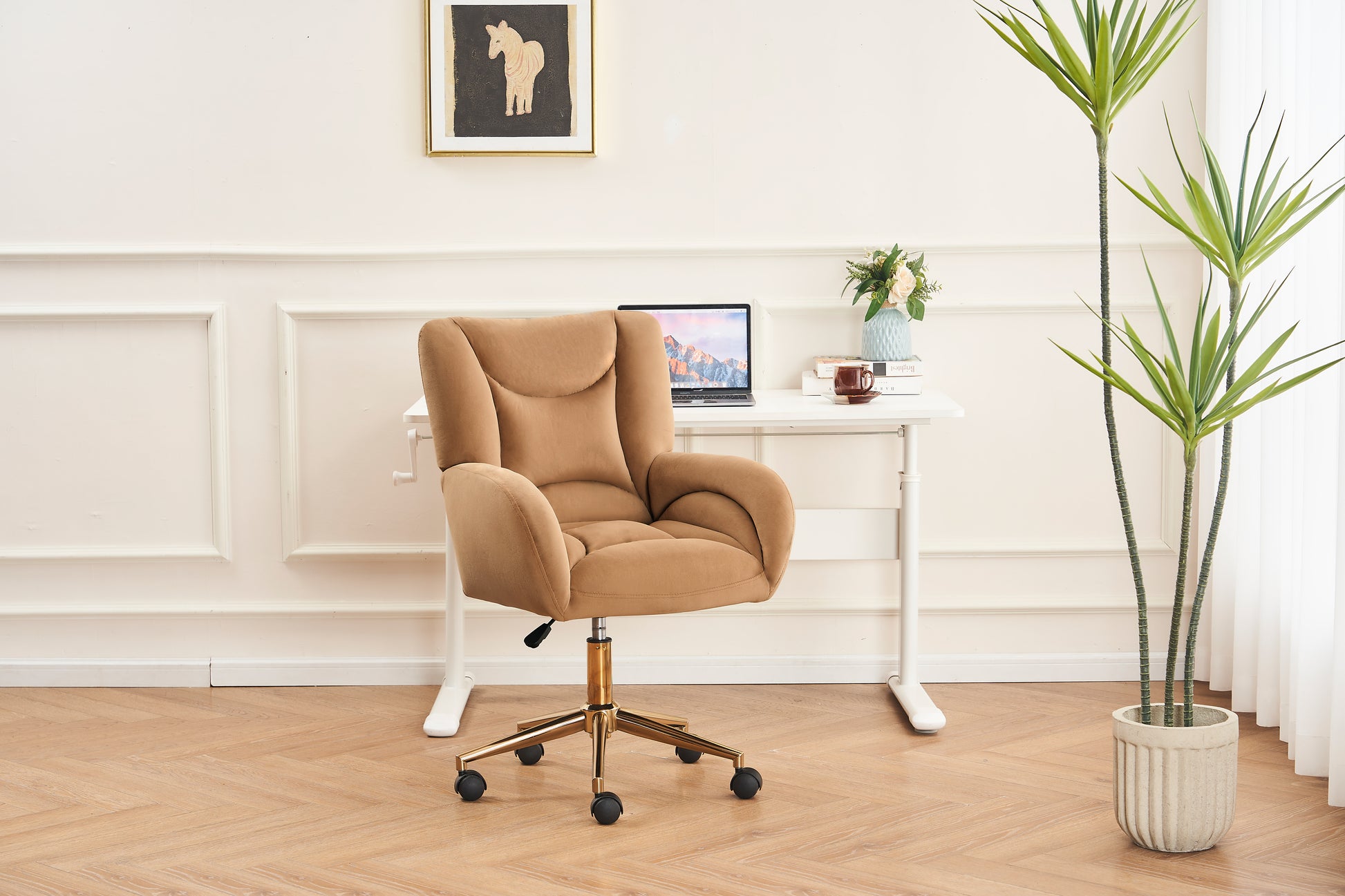 005 Velvet Fabric 360 Swivel Home Office Chair With Gold Metal Base And Universal Wheels,Coffee Solid Coffee Office Sponge Wipe Clean Modern Office Chairs Tufted Back Foam Swivel Velvet
