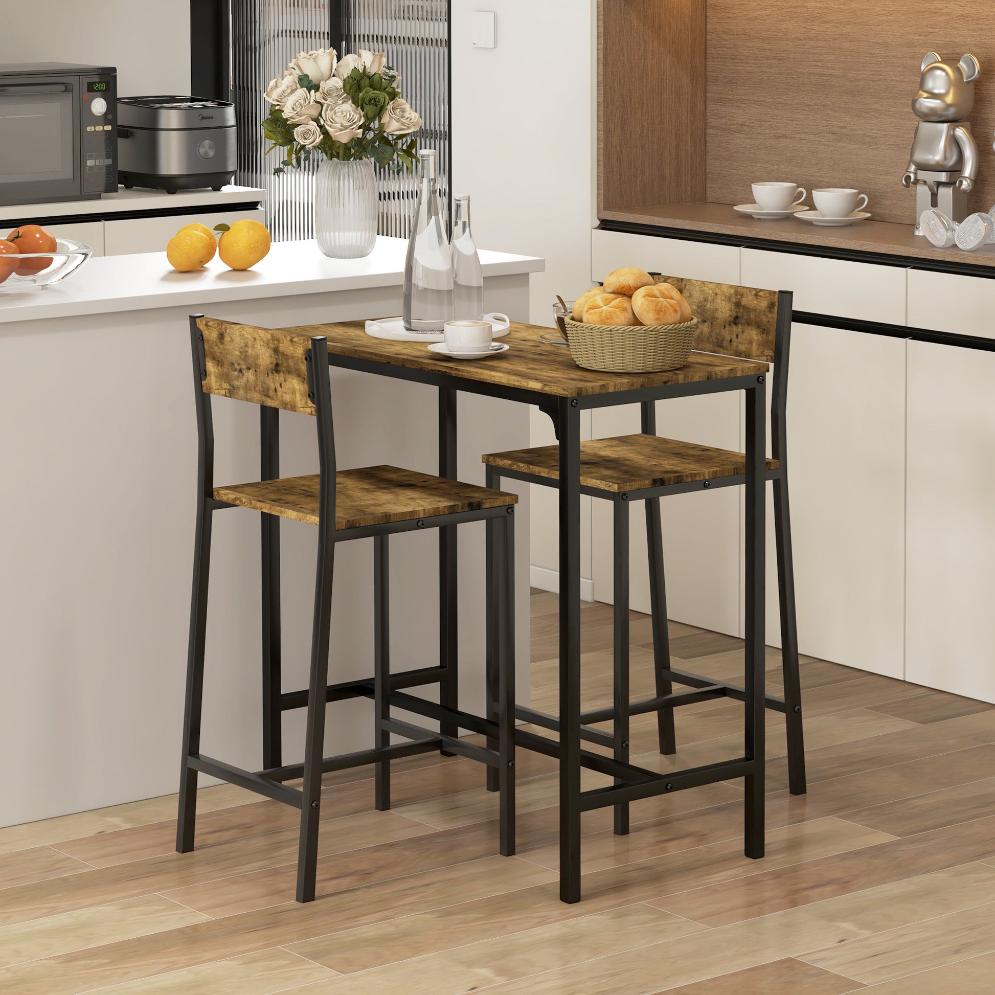 Homcom 3 Piece Bar Table And Chairs, Industrial Dining Table Set For 2, Counter Height Kitchen Table With Bar Stools, Breakfast Table Set For 2 For Small Space, Rustic Brown Rustic Brown Mdf