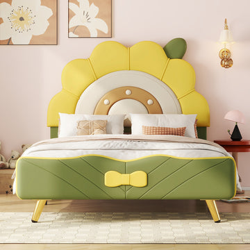 Twin Size Upholstered Platform Bed With Sunflower Shaped Headboard, Green Box Spring Not Required Twin Green Wood Bedroom Bed Frame Faux Leather Upholstered