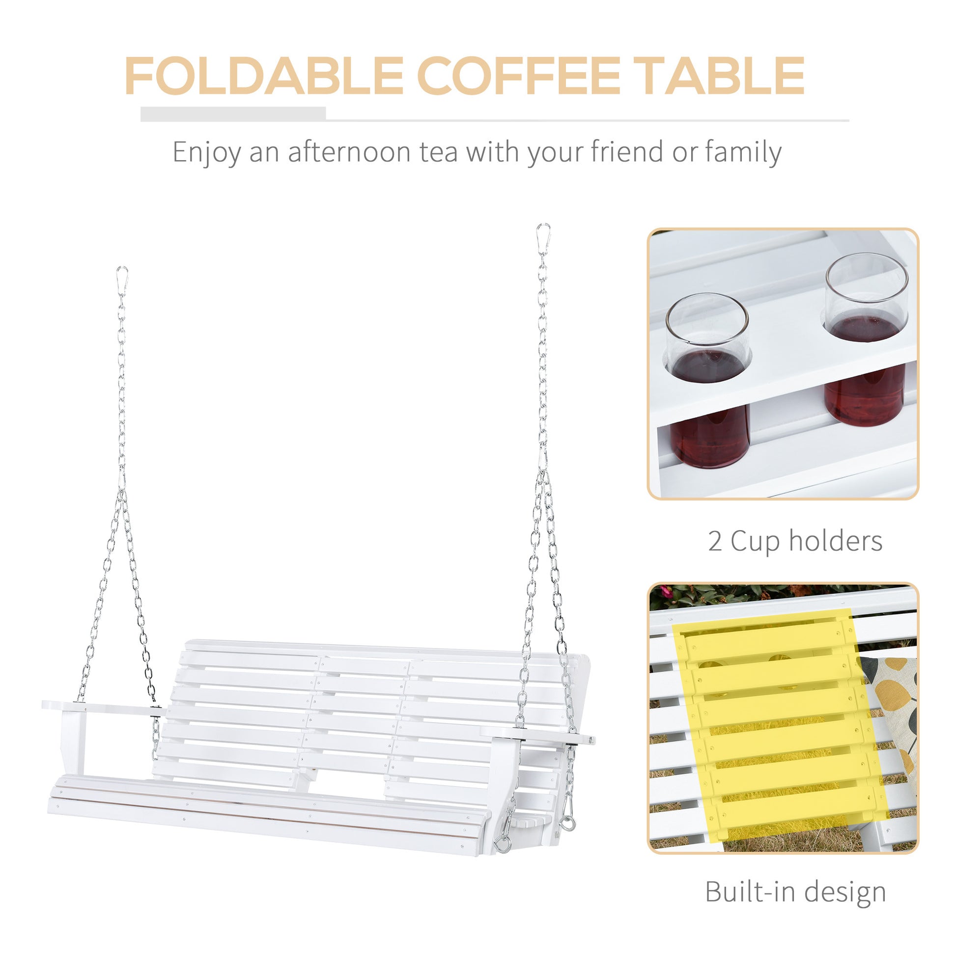 Outsunny 3 Seater Wooden Porch Swing, Patio Swing Bench With Folding Coffee Table, Cup Holders And Chains Included, 440Lbs Weight Capacity, White White Wood