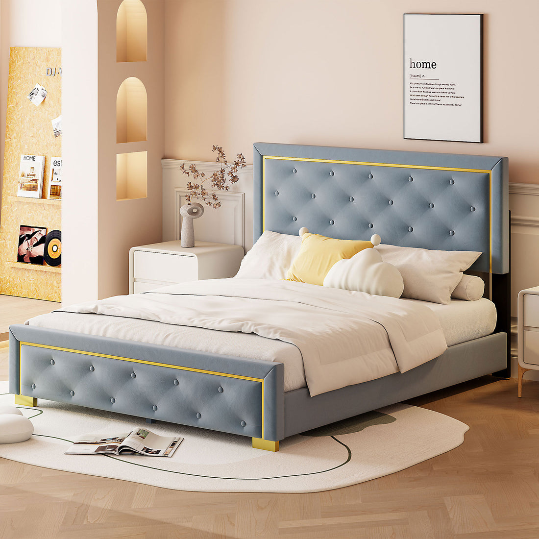 Queen Size Upholstered Platform Bed With Pull Point Headboard And Metal Wire Frame At The Head And Foot Of The Bed, Metal Feet, Velvet, Gray Queen Gray Mdf Lvl