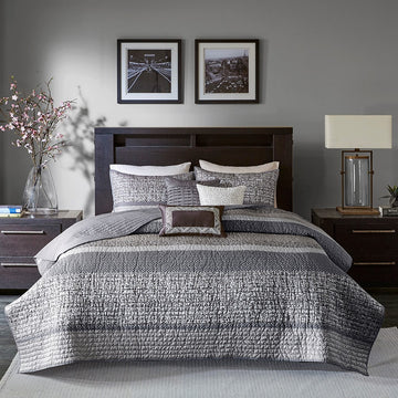 6 Piece Reversible Jacquard Quilt Set With Throw Pillows Grey Taupe Full Queen Grey Taupe Cotton