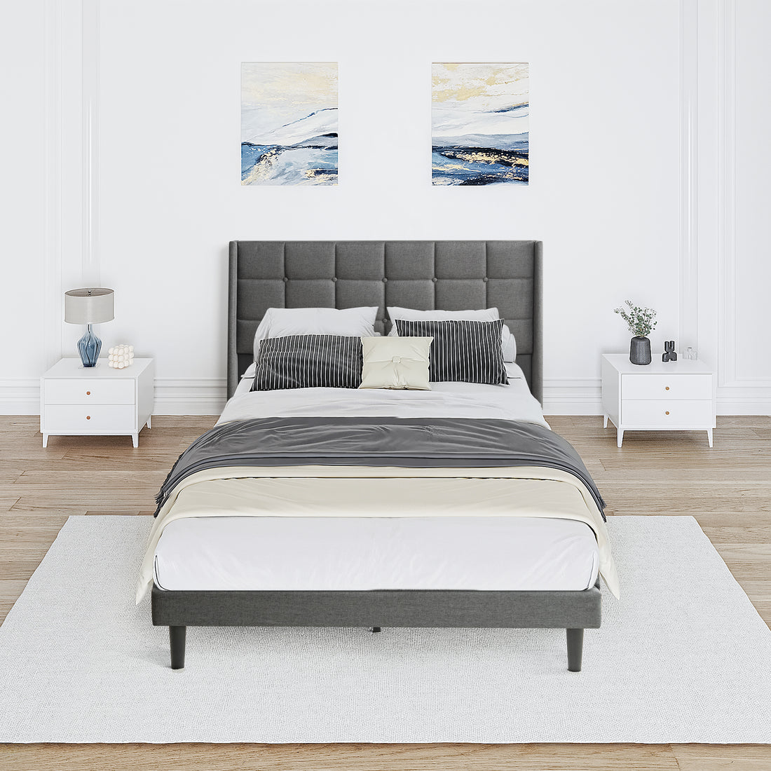 Queen Size Upholstered Platform Bed Frame With Modern Button Tufted Linen Fabric Headboard, No Box Spring Needed, Wood Slat Support, Easy Assembly, Drak Grey Queen Dark Grey Linen