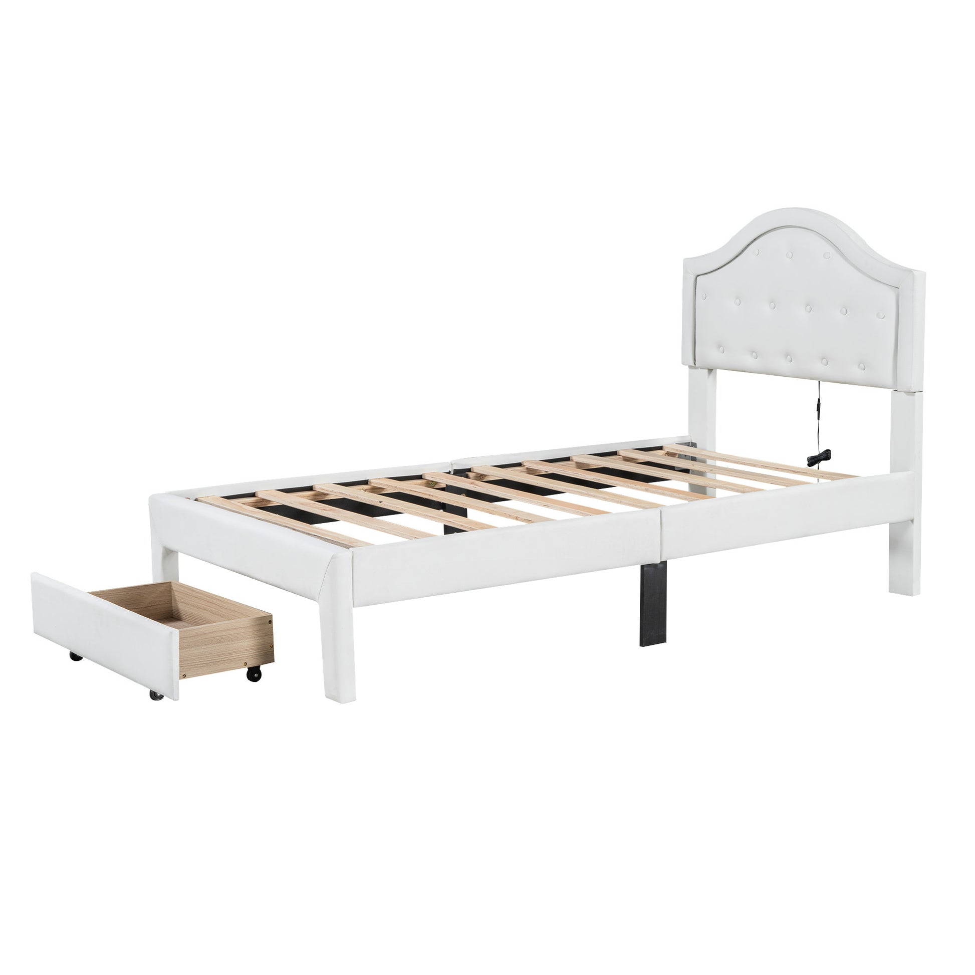 Twin Size Upholstered Platform Bed With Tufted Headboard, Led And A Drawer, White Box Spring Not Required Twin White Wood Faux Leather Upholstered