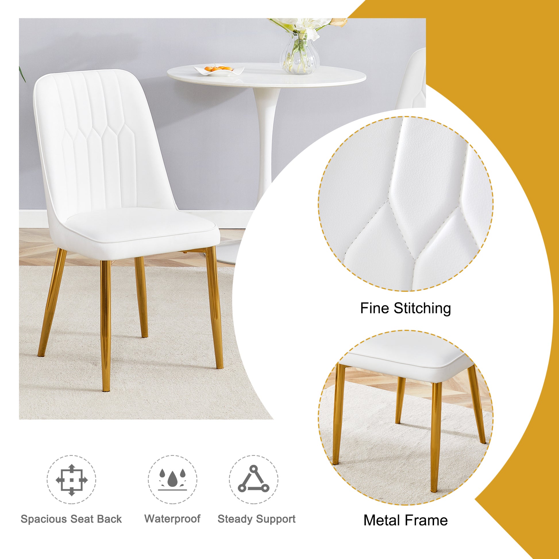 2 Modern Dining Chairs, Sleek Pu Leather Backrest, And Gold Metal Legs Bring A Comfortable Home Experience To The Kitchen, Bedroom, And Office. White Pu