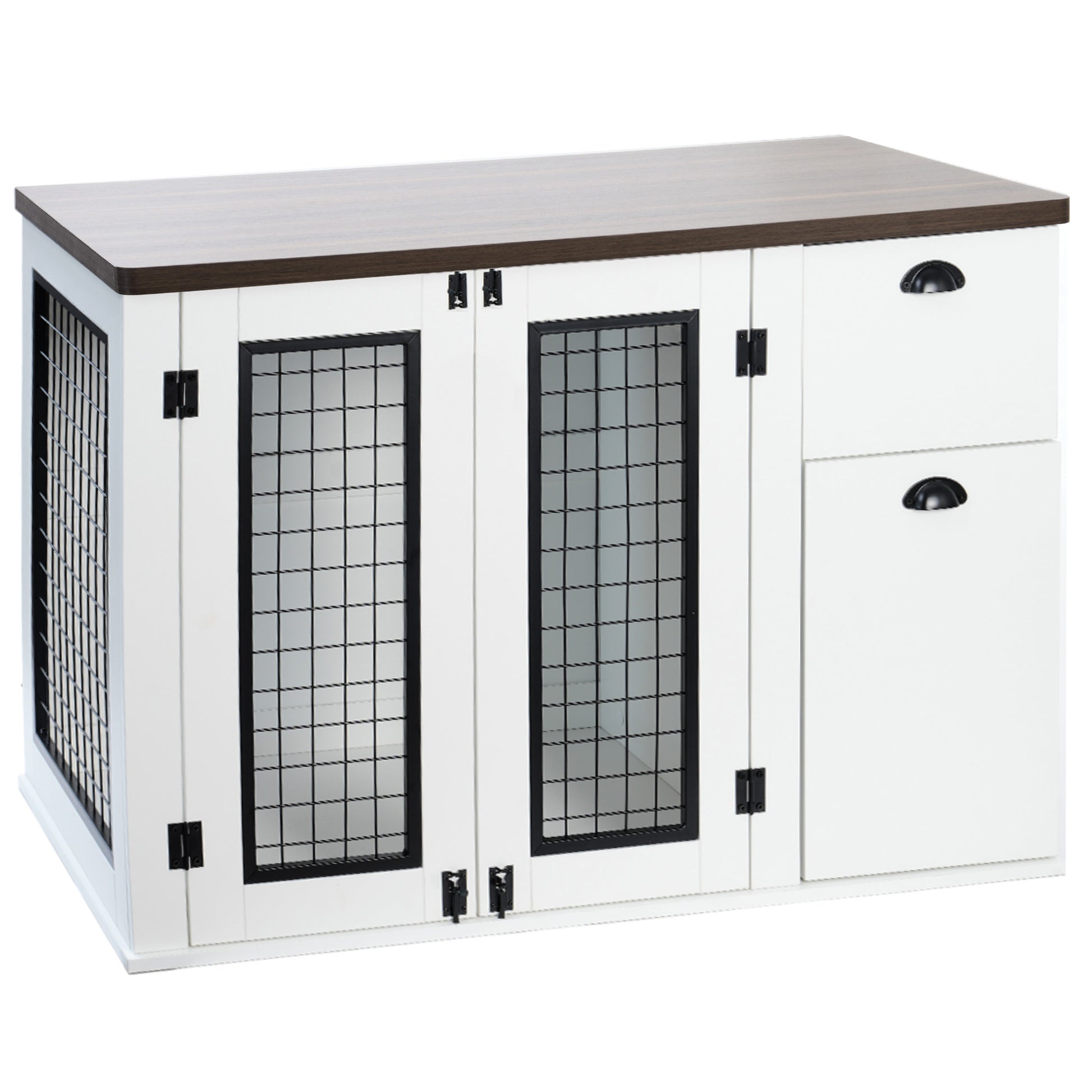 Furniture Style Dog Cage, Wooden Dog Cage, Double Door Dog Cage, Side Cabinet Dog Cage, Dog Crate White Deep Walnut American Design Particle Board