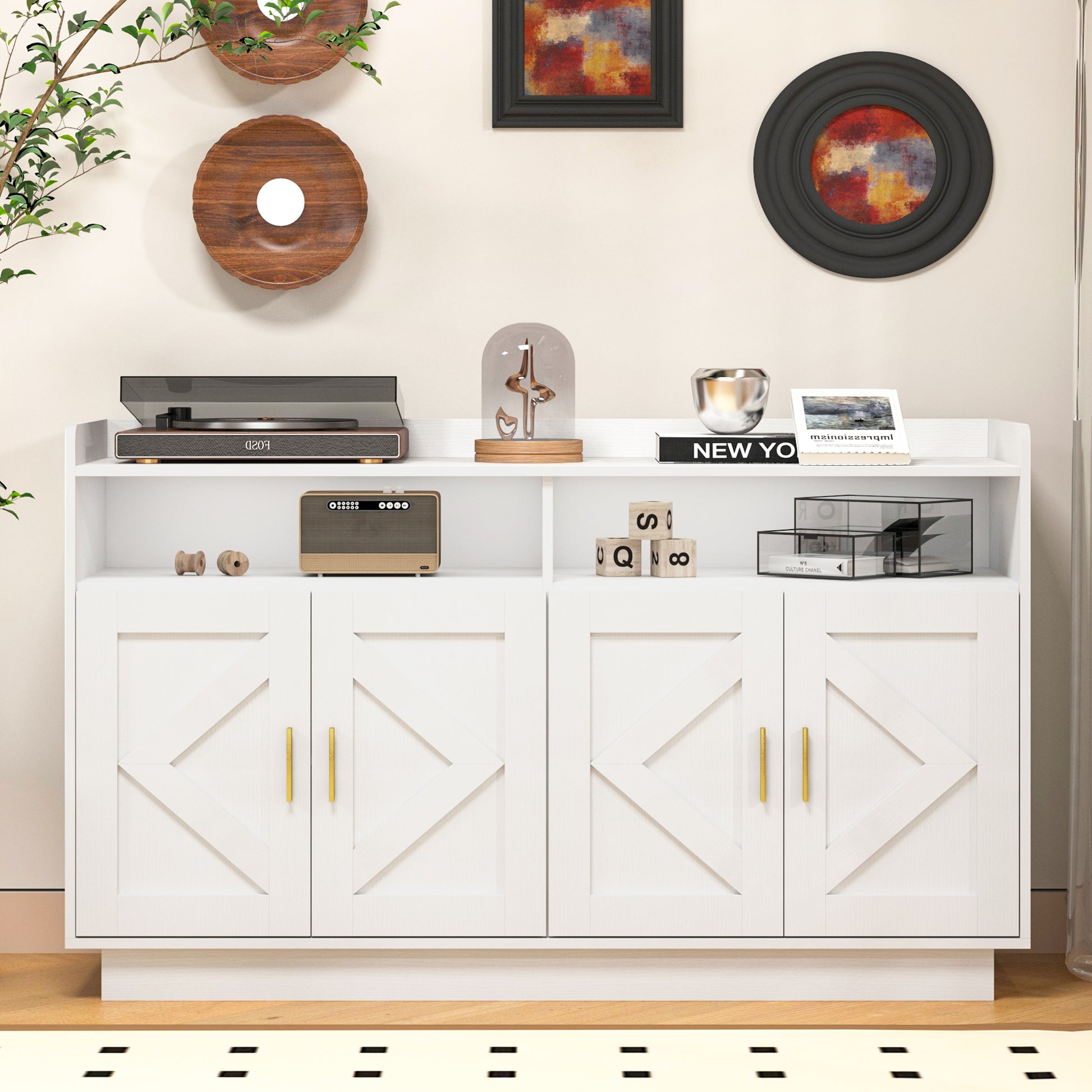 Dresser Cabinet,Barcabinet,Buffet Sideboard Storage Cabinet,Buffet Server Console Tablestorge Cabinetsolid,For Dining Room,Living Room,Kitchenhallway,Shaped Door Panels, Gold Metal Handle,Color: White Standard 5 Or More Spaces Distressed Finish White