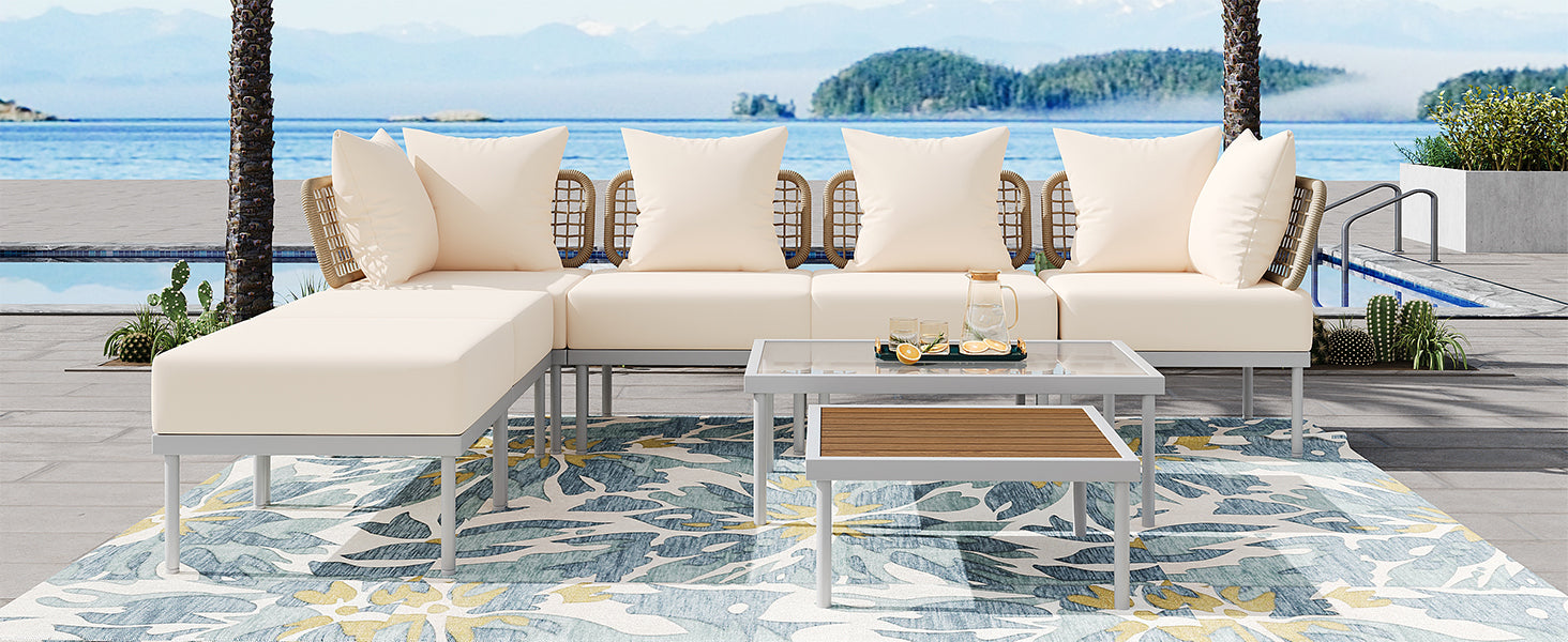 8 Piece Patio Sectional Sofa Set With Tempered Glass Coffee Table And Wooden Coffee Table For Outdoor Oasis, Garden, Patio And Poolside Beige Cushion White Steel Beige Iron