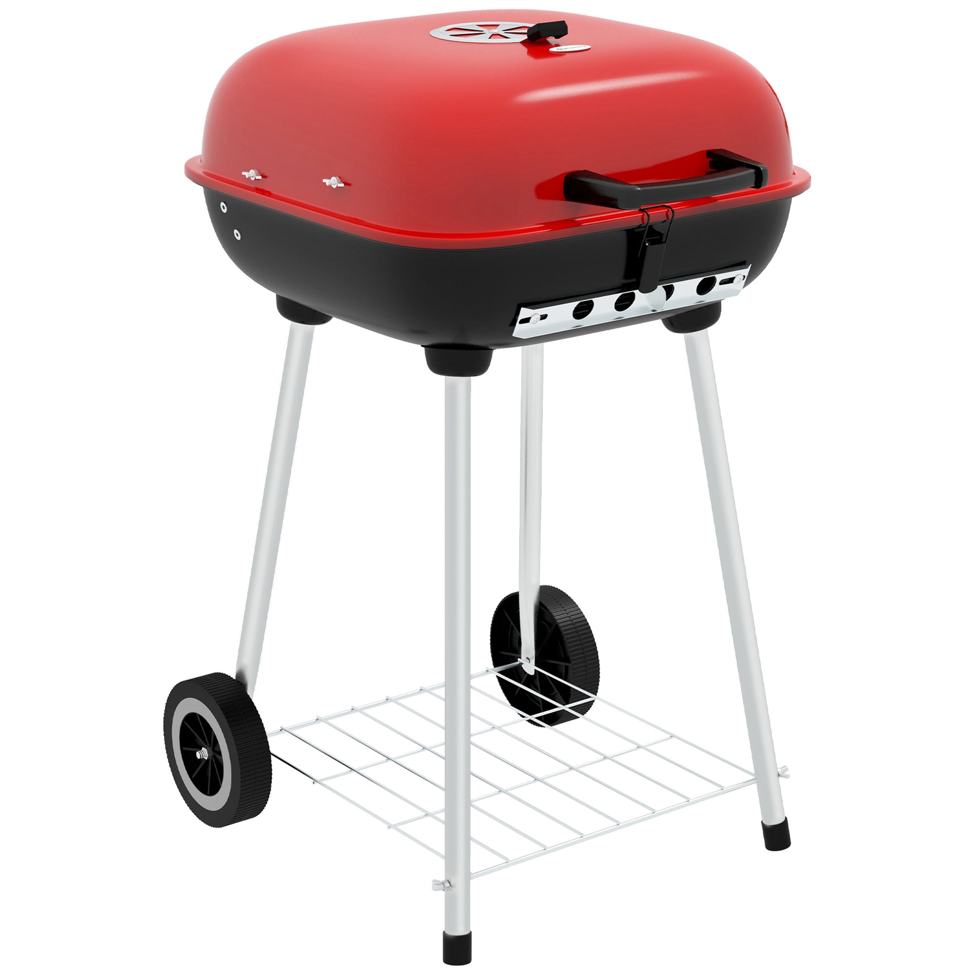 Outsunny Portable Charcoal Grill With Bottom Shelf, Bbq Smoker With Wheels And Adjustable Vents On Lid For Picnic Camping Backyard Cooking, Black Red Steel