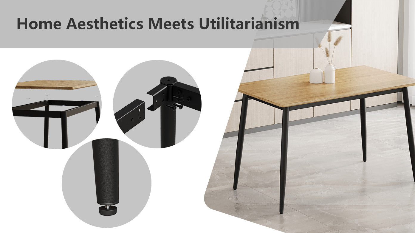 Modern Minimalist Wood Grain Tabletop Dining Table, Stylish Dining Table, Kitchen Dining Table, Sturdy And Durable, Easy To Assemble, Black Metal Leg Design, Suitable For 4 6 People, Suitable For