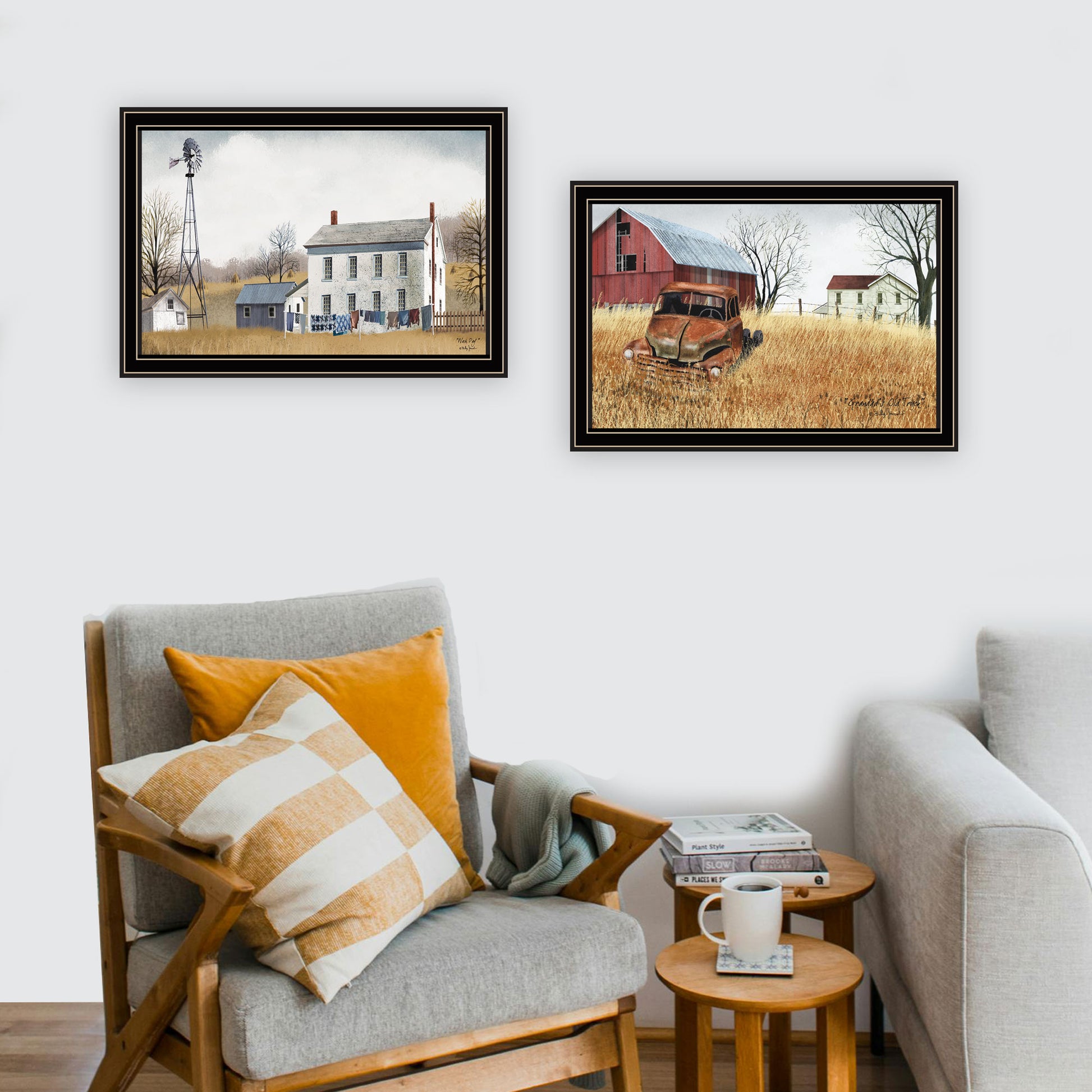 2 Piece Vignette Washday And Granddad'S Old Truck Black Framed Wall Art For Living Room, Bedroom Wall Art Print For Home Decor By Billy Jacobs Multicolor Wood Paper