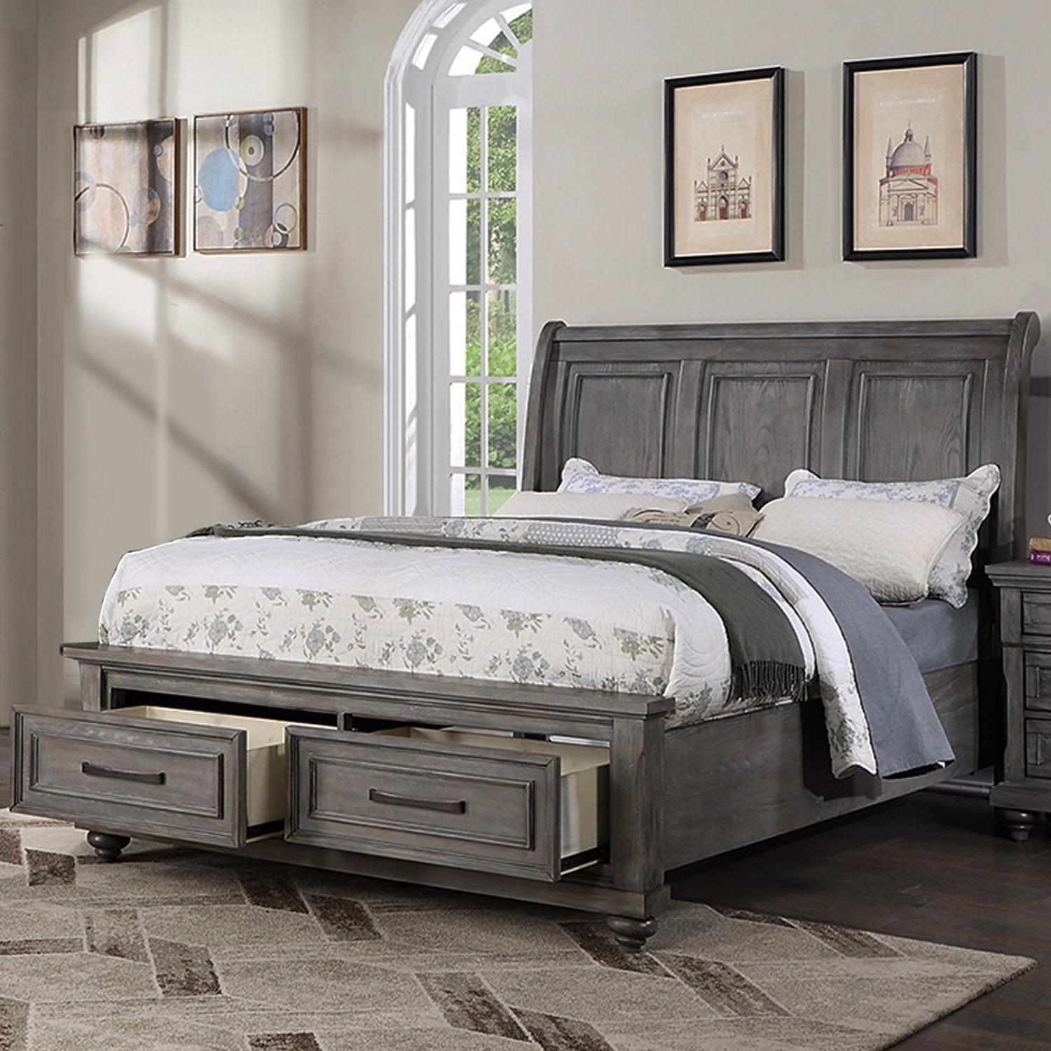 California King Size Bed W Under Bed Drawer Vintage Look Gray Color Beautiful Panel 1Pc Bedframe Bedroom Box Spring Required California King Antique Gray,Gray Wood Bedroom