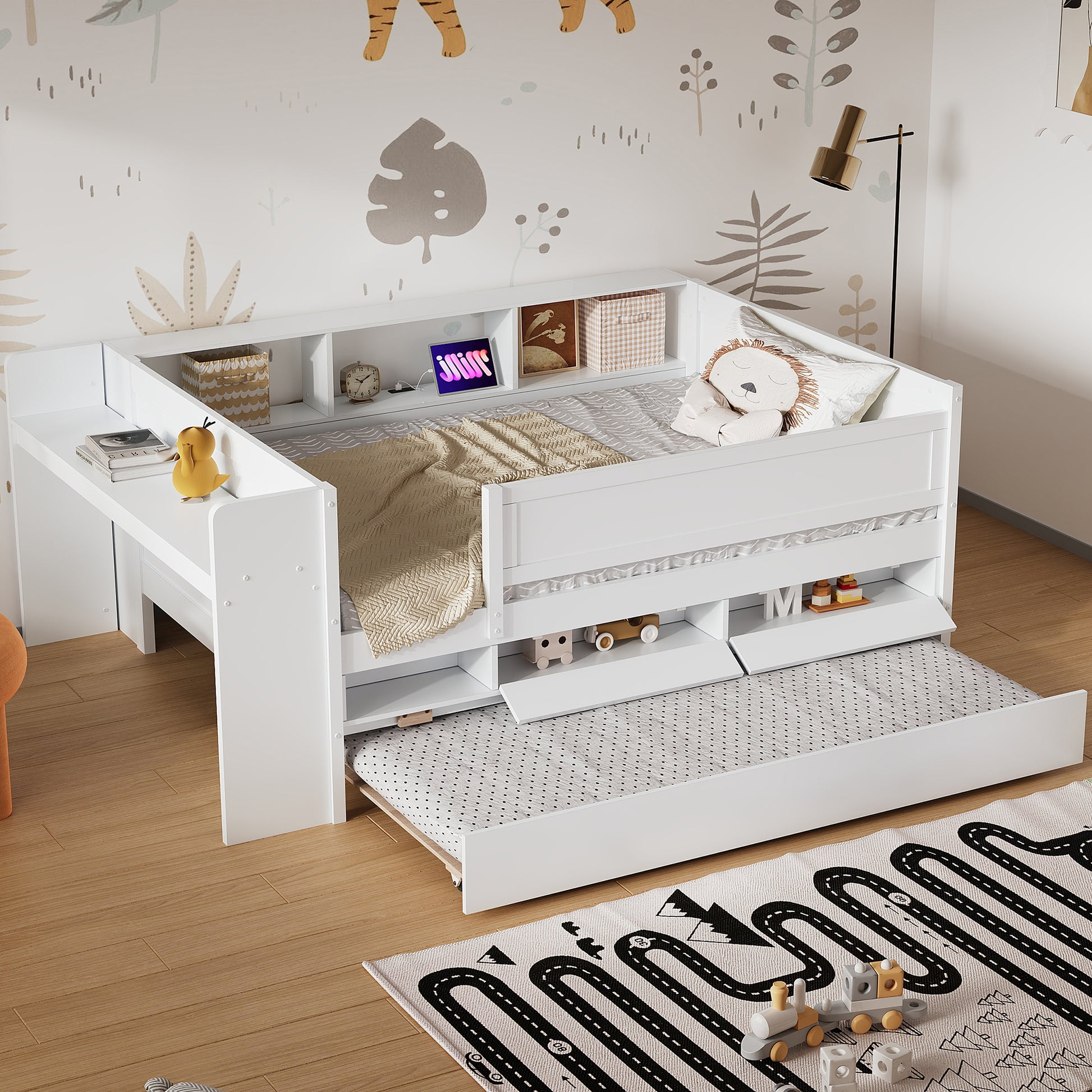 Multi Functional Twin Daybed With Drawers And Trundle, Headboard Storage And Tables, Usb Charging Station, White Box Spring Not Required Twin White Wood Daybeds Pine