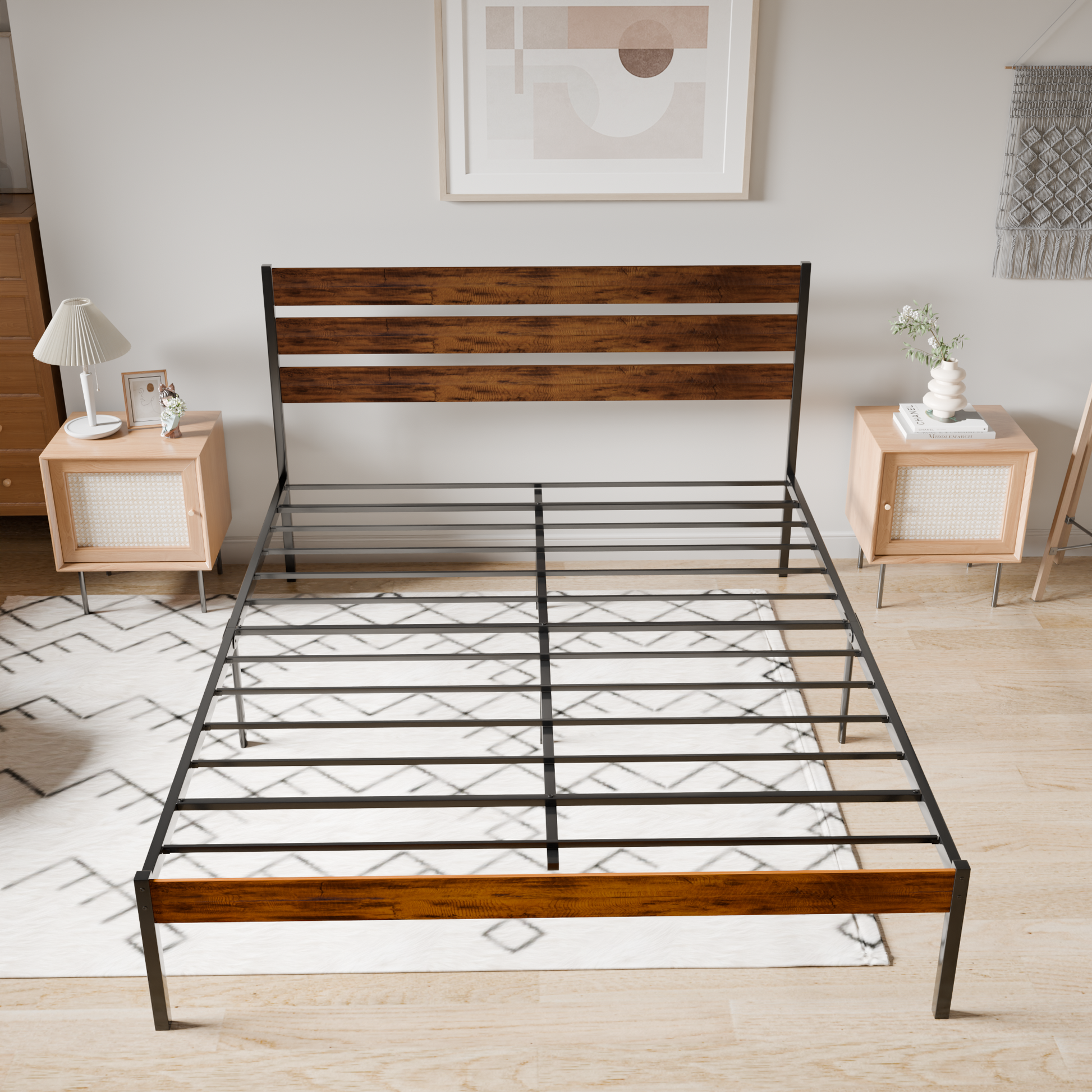 Iron Platform Bed Frame With Rustic Wood Headboard & Footboard Queen Size Brown Box Spring Required Queen Black,Brown Iron Brown Bedroom Minimalist,Modern Bed Frame Mdf Iron