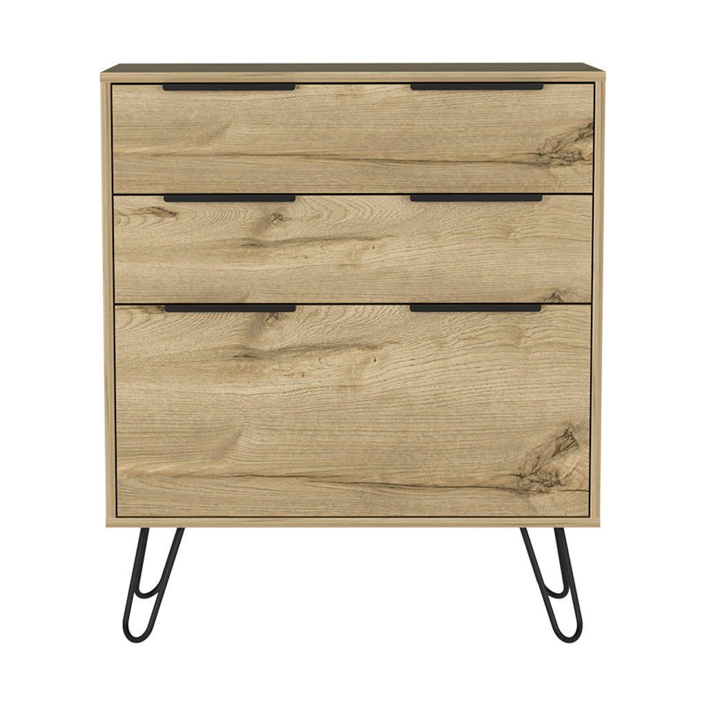 Augusta Dresser, Hairpin Legs, Three Drawers, Superior Top Light Oak Hinged Beige Drawer 2 Drawers Bedroom Ball Bearing Glides Modern 2 Or Less Particle Board Particle Board