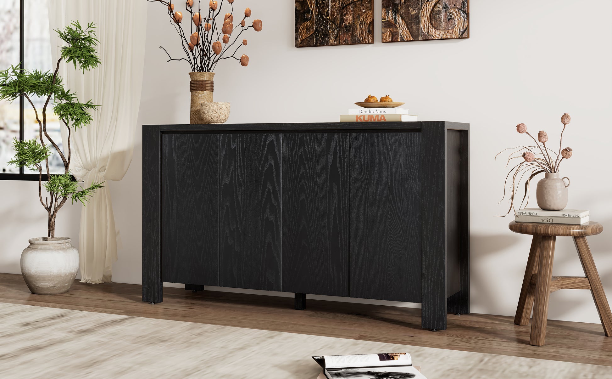 Retro 4 Door Sideboard With Distressed Finish And Adjustable Shelves For Dining Room, Kitchen, And Living Room Black Black Mdf,Rubber Wood