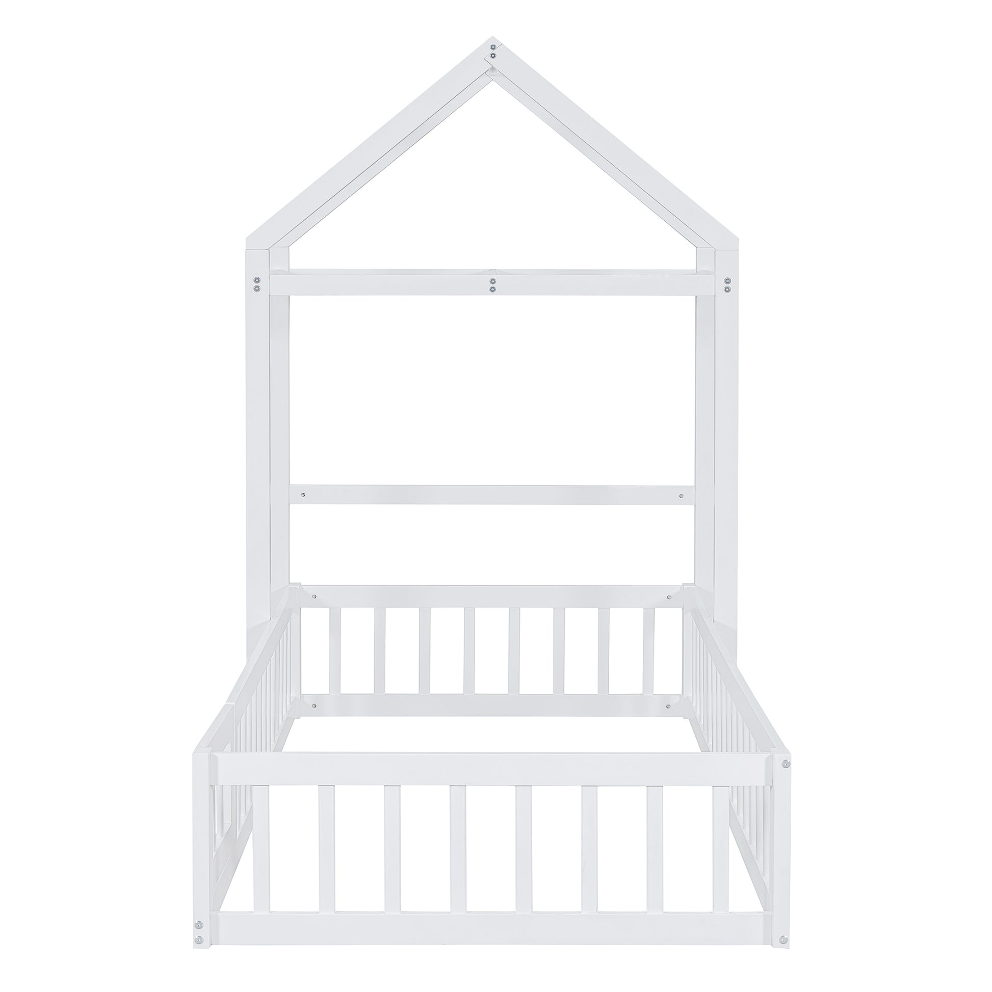 Wooden Floor Bed With Fence Railings And Detachable House Shape Headboard, Twin Size Bed With Kids Dress Up Rack, Kids Montessori Style Playhouse Frame For Girls Boys, White Twin White Wood