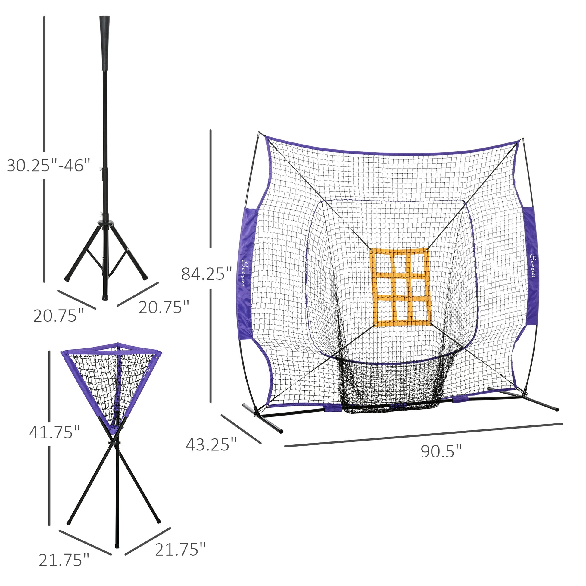 Soozier Baseball Practice Net Set With 7.5X7Ft Catcher Net, Ball Caddy And Batting Tee, Portable Baseball Practice Equipment With Carry Bag For Hitting, Pitching, Batting, Catching, Purple Purple Steel