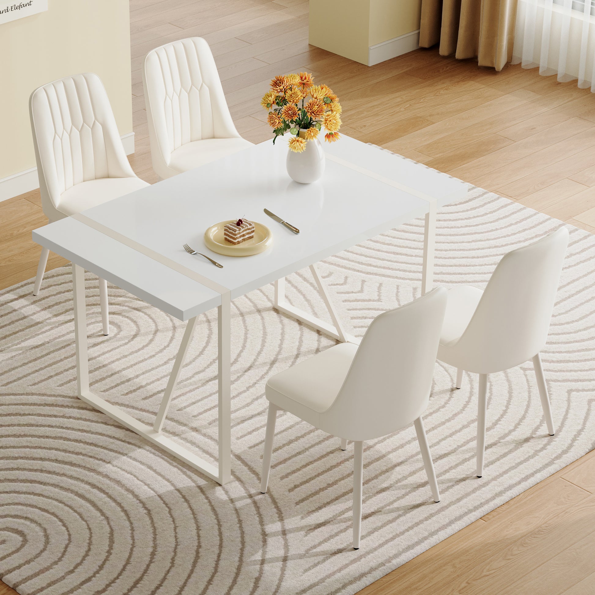 55"X31.5" Cream Style White Mdf Dining Table Set With 4 Armless Cream Style Chairs.Mdf Tabletop And Metal Frame Legs.Adding A Warm And Gentle Atmosphere To Your Family. White Seats 4 Mdf Metal