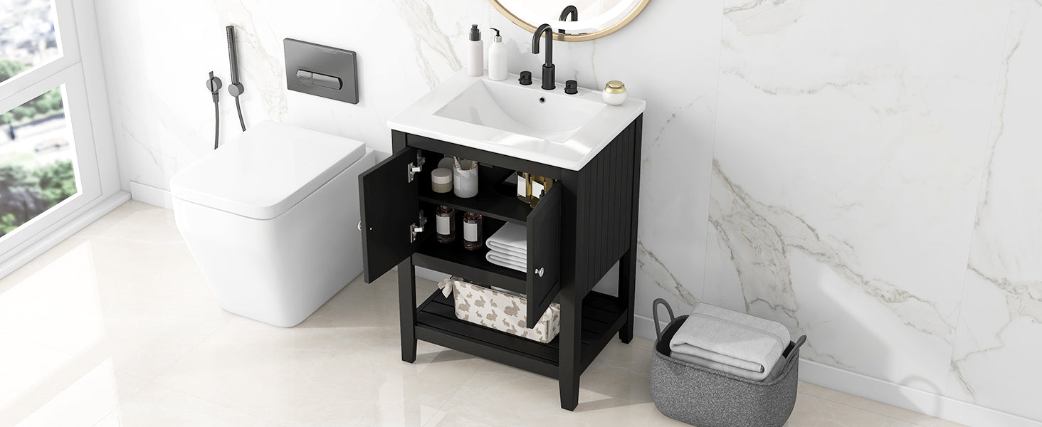 Video 24" Black Modern Sleek Bathroom Vanity Elegant Ceramic Sink With Solid Wood Frame Open Style Shelf Black Solid Wood Mdf