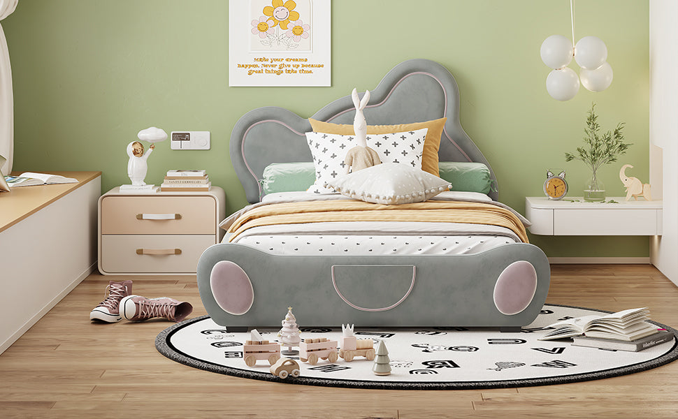 Twin Size Velvet Platform Bed With Bear Shaped Headboard, With Bed End Storage Pocket, Gray Twin Gray Plywood