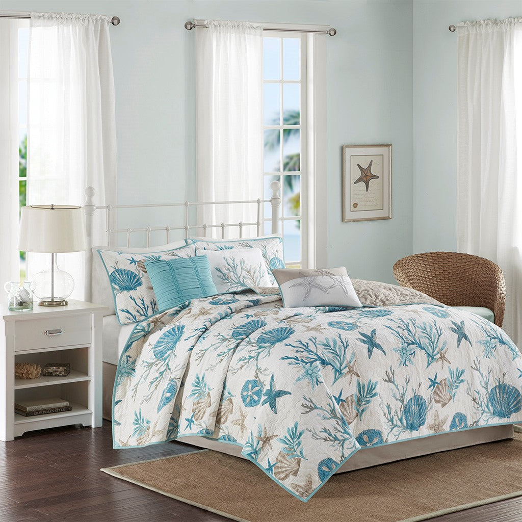 6 Piece Cotton Sateen Quilt Set With Throw Pillows Aqua Full Queen Full Aqua Cotton