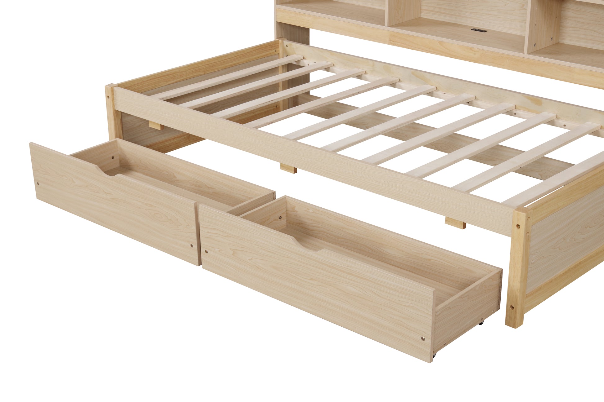 Twin Size Bed Frame With Side Bookshelves, Two Drawers, And Built In Usb Port For Natural Color Box Spring Not Required Twin Natural Bedroom Bookcase Particle Board,Plywood,Rubber Wood