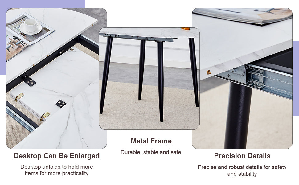 Table And Chair Set.Modern Extendable Mdf Dining Table.The Table Has A Telescopic Design, Suitable For Gatherings Of Different Size.Paired With 6 Chairs With Pu Cushions And Black Metal Legs. White Black Seats 6 Mdf Metal