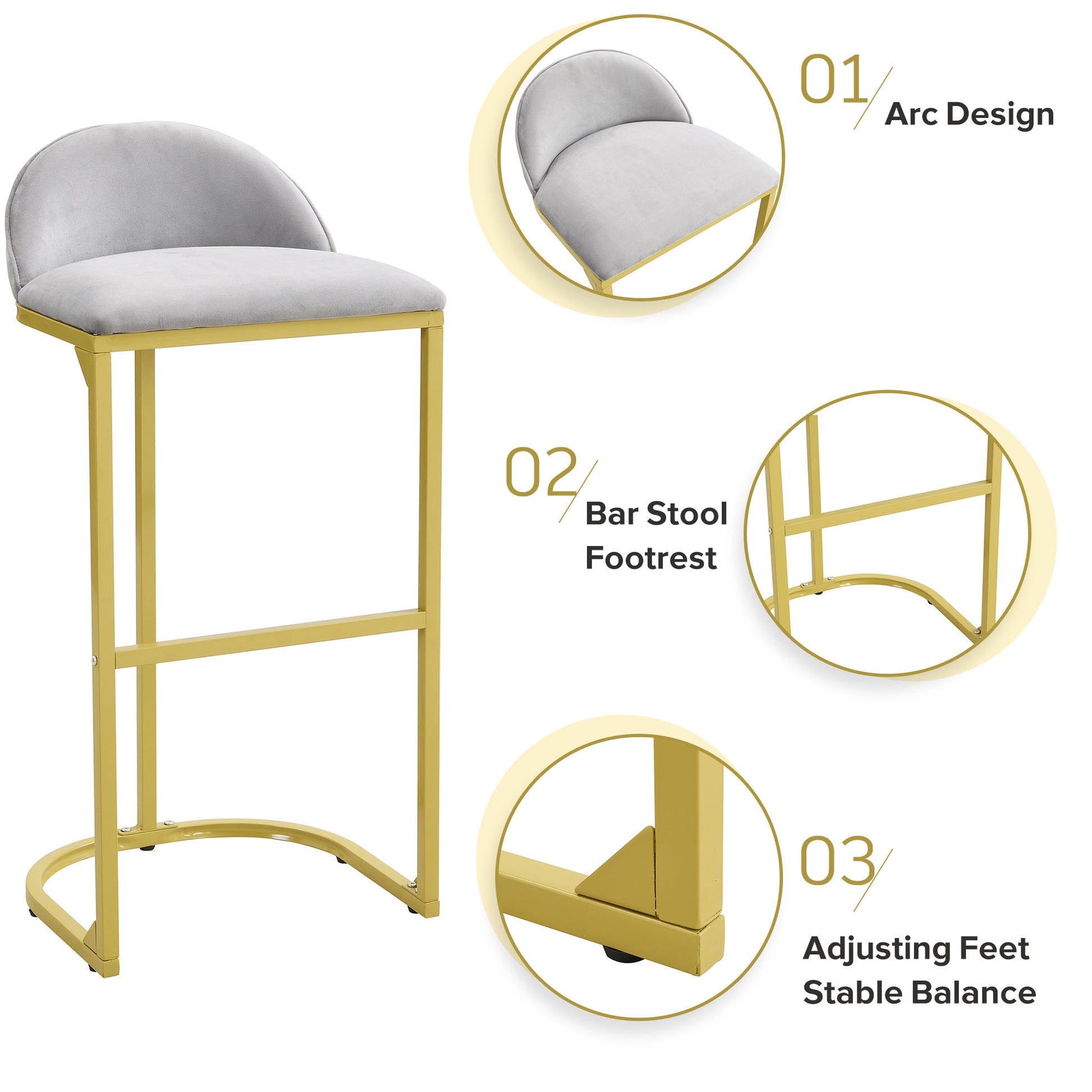 4 Pieces Bar Stools, 30" Counter Height Bar Stools Modern Luxury Bar Stools With Footrest, Upholstered Velvet Counter Stool Chairs For Kitchen Island Metal Grey Gold Dining Room Powder Coated Sponge Wipe Clean Rectangular Modern Bar Stools Set Of 4 Or