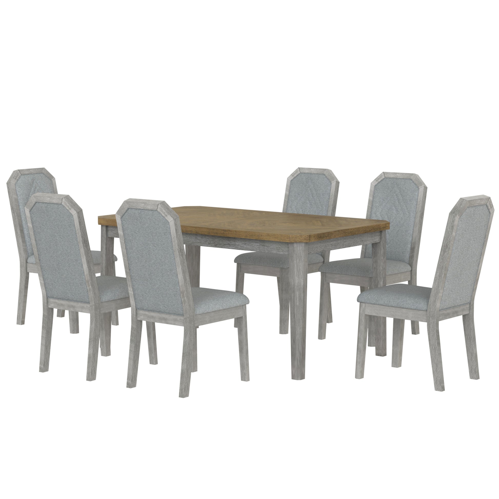 7 Piece Farmhouse Dining Set Classic Rustic Table And 6 High Back Design Chairs For Dining Room, Kitchen Brown Gray Brown Gray Solid Wood Mdf