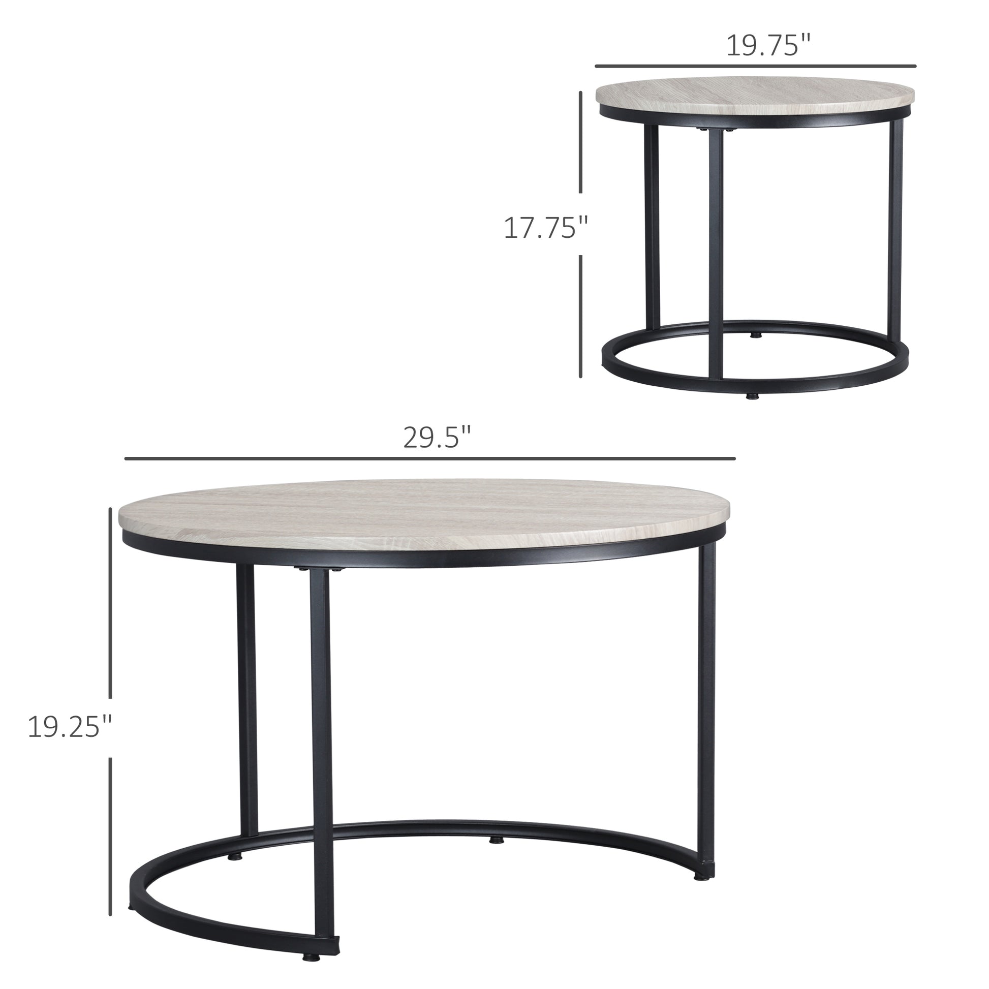 Homcom Round Nesting Tables Set Of 2, Stacking Coffee Table Set With Metal Frame For Living Room, Grey Grey Mdf