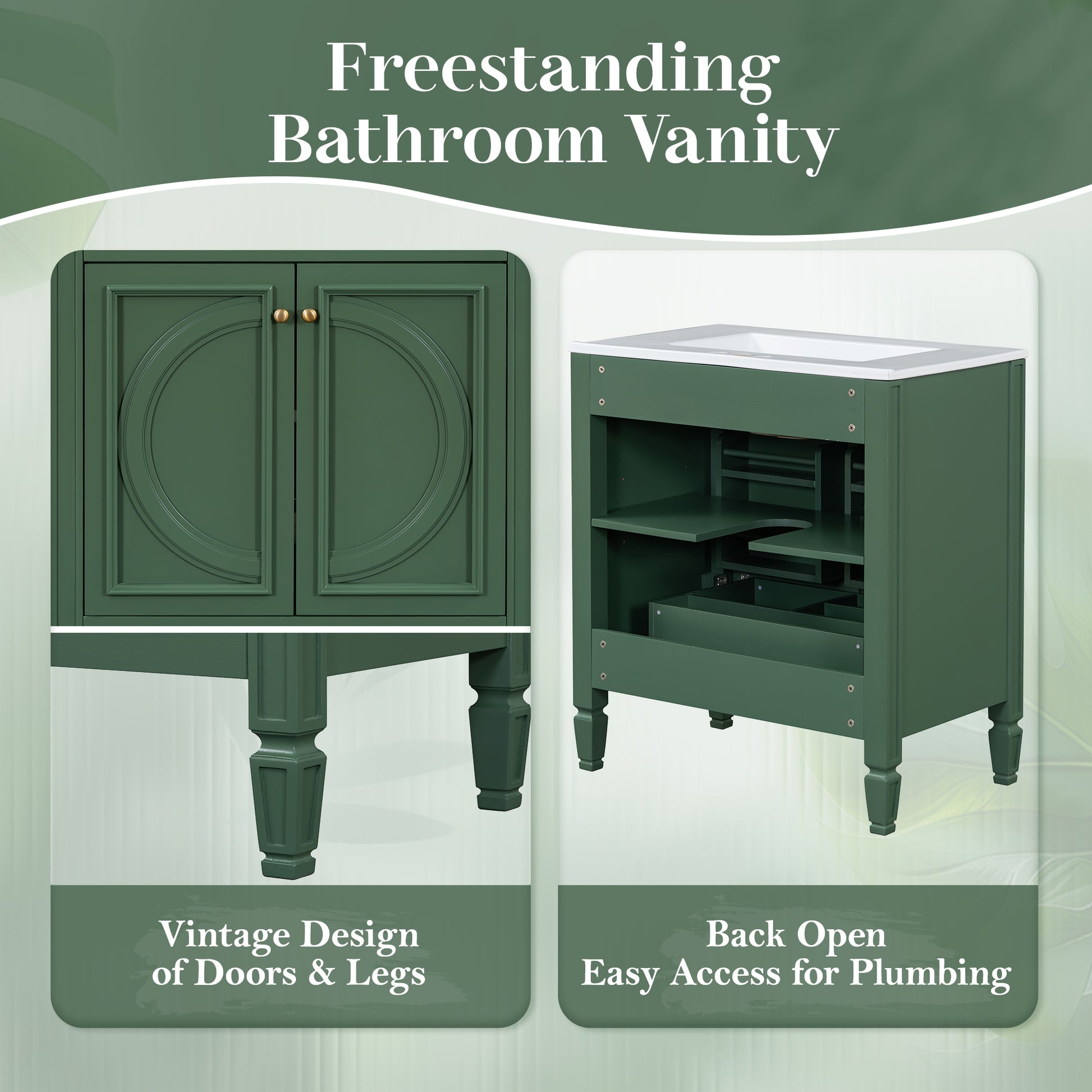 30" Bathroom Vanity With Sink, Two Doors With Shelf, Soft Close Door Hinges, Vintage Style, Green Green Ceramic Mdf,Rubber Wood