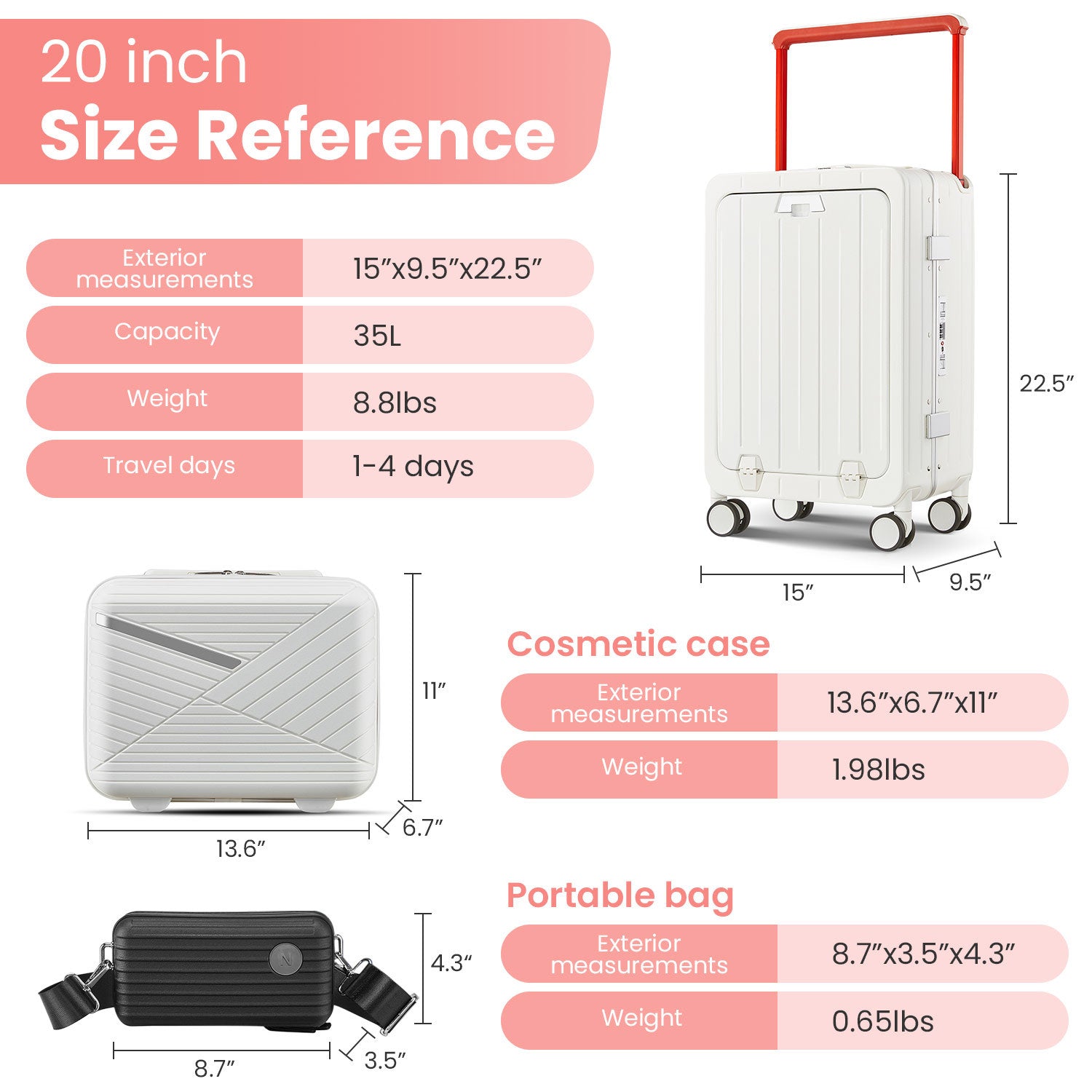 Aluminum Frame 20 Inch With Front Open Carry On Luggage, Pc Hard Shell Suitcase, Bounce Wide Handle Pull Rod Luggage With 360 Double Wheels, Built In Tsa Lock, Airline Approved Suitcase For Business White Pc