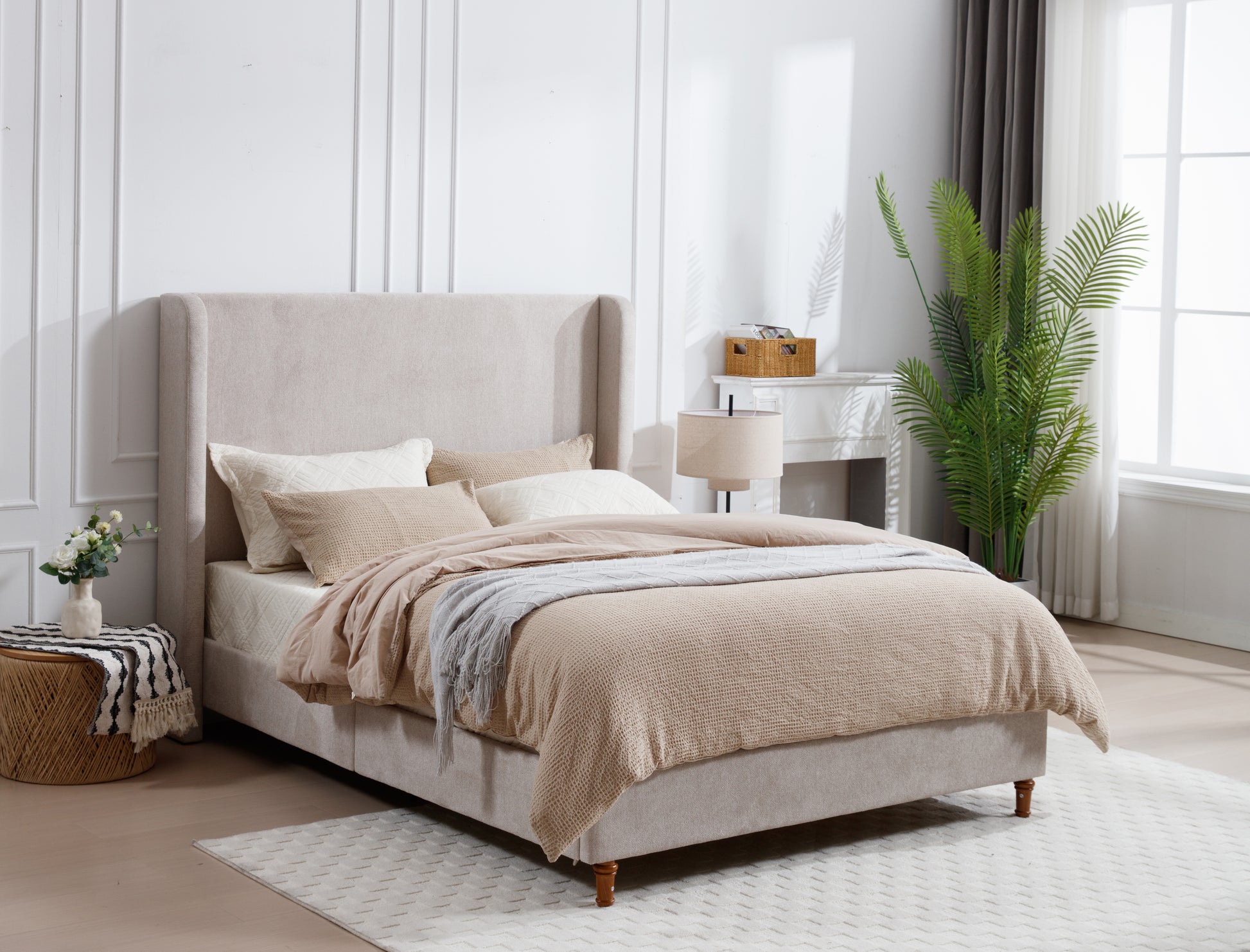 Harper Tall Headboard Upholstered Bed 54" High Headboard Elegant Simplicity No Box Spring Needed Easy Assembly King Light Brown Chenille Box Spring Not Required King Light Brown Metal Brown Bedroom