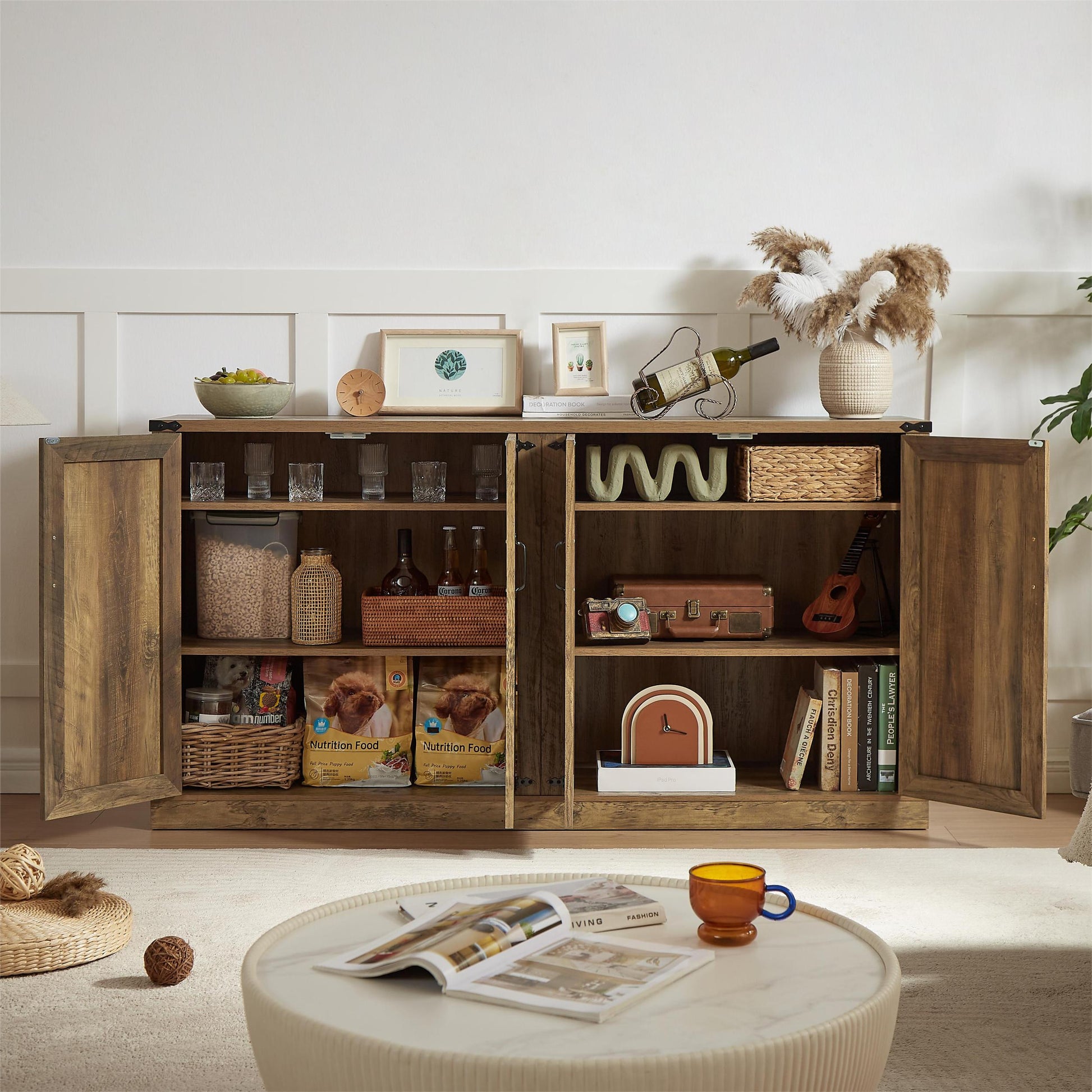 65 Inch Rustic Oak Color Faux Rattan Sideboard, Barn Door Rustic Style Sideboard, Living Room, Entryway, Bedroom, Dining Room Four Door Storage Cabinet Oak Particle Board Mdf