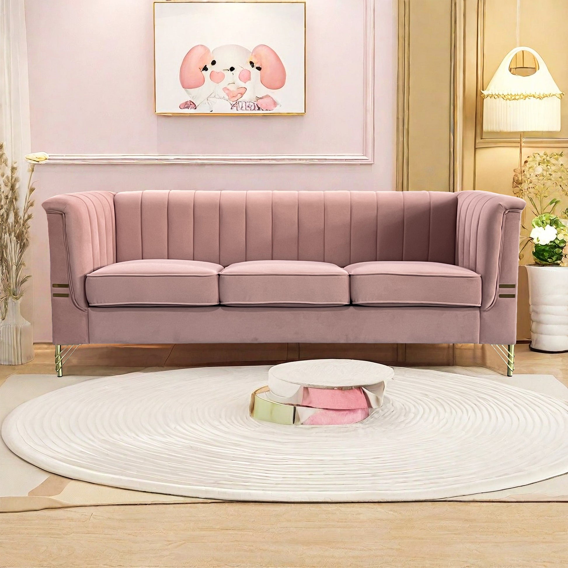 Fx P82 Pk Sofa Modern Designs Velvet Upholstered Living Room Sofa, 3 Seat Sofa Couch With Golden Metal Legs For Home, Apartment Or Office Pink Sofa Pink Velvet 3 Seat