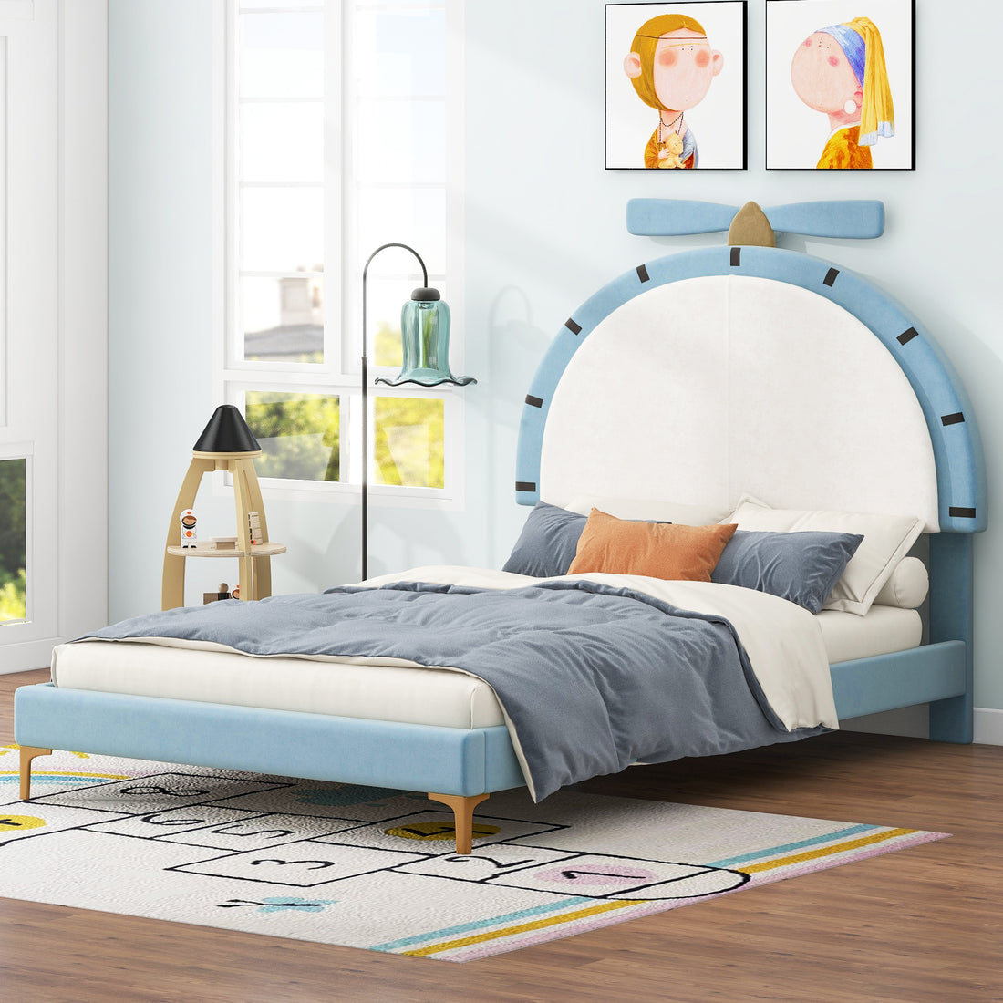 Twin Size Upholstered Platform Bed With Alarm Clock Shaped Headboard, Blue Box Spring Not Required Twin Blue Wood Bedroom Bed Frame Velvet Upholstered