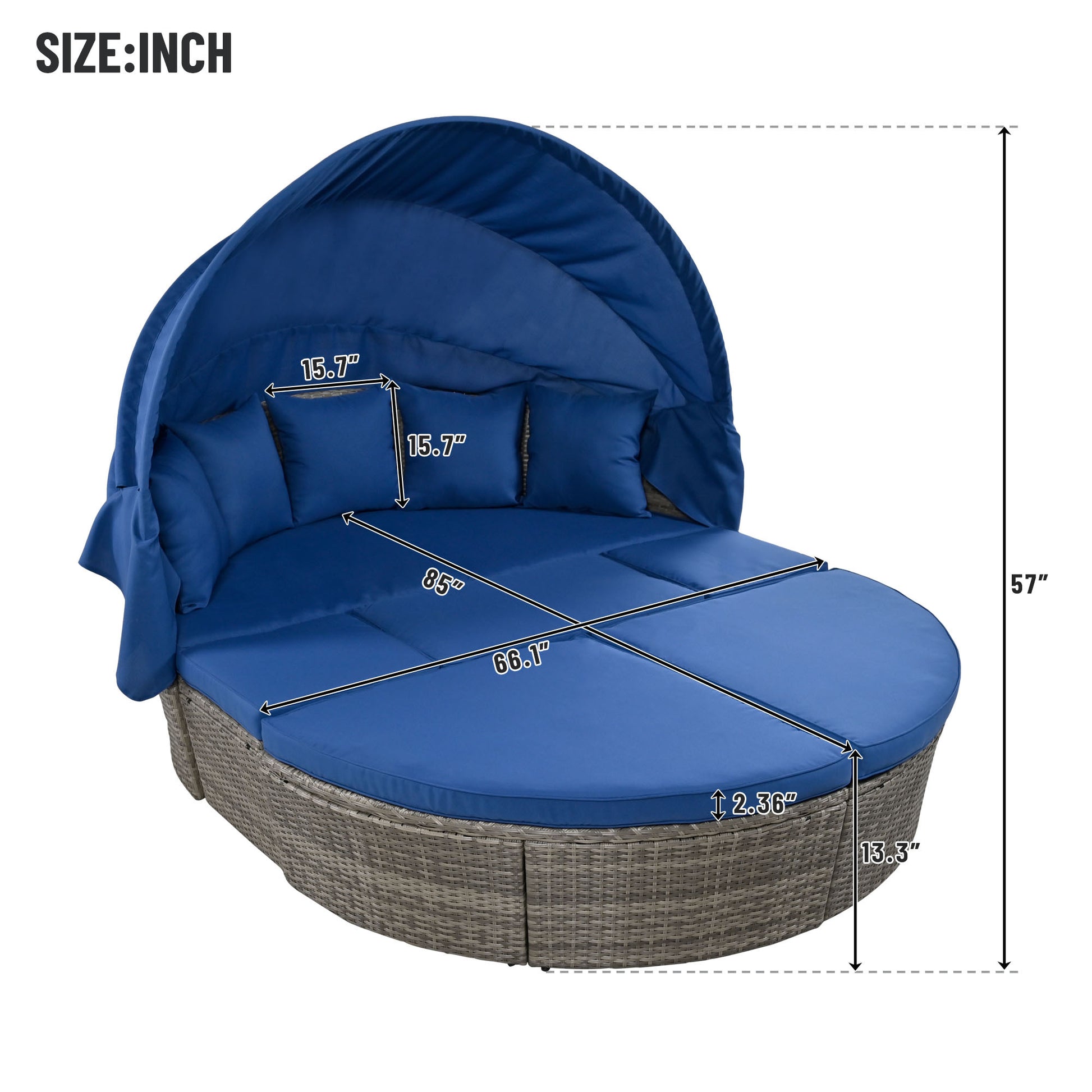 Outdoor Rattan Daybed Sunbed With Retractable Canopy Wicker Furniture, Round Outdoor Sectional Sofa Set, Gray Wicker Furniture Clamshell Seating With Washable Cushions, Backyard, Porch, Blue Yes Blue Seats 8 Garden & Outdoor Foam Wicker