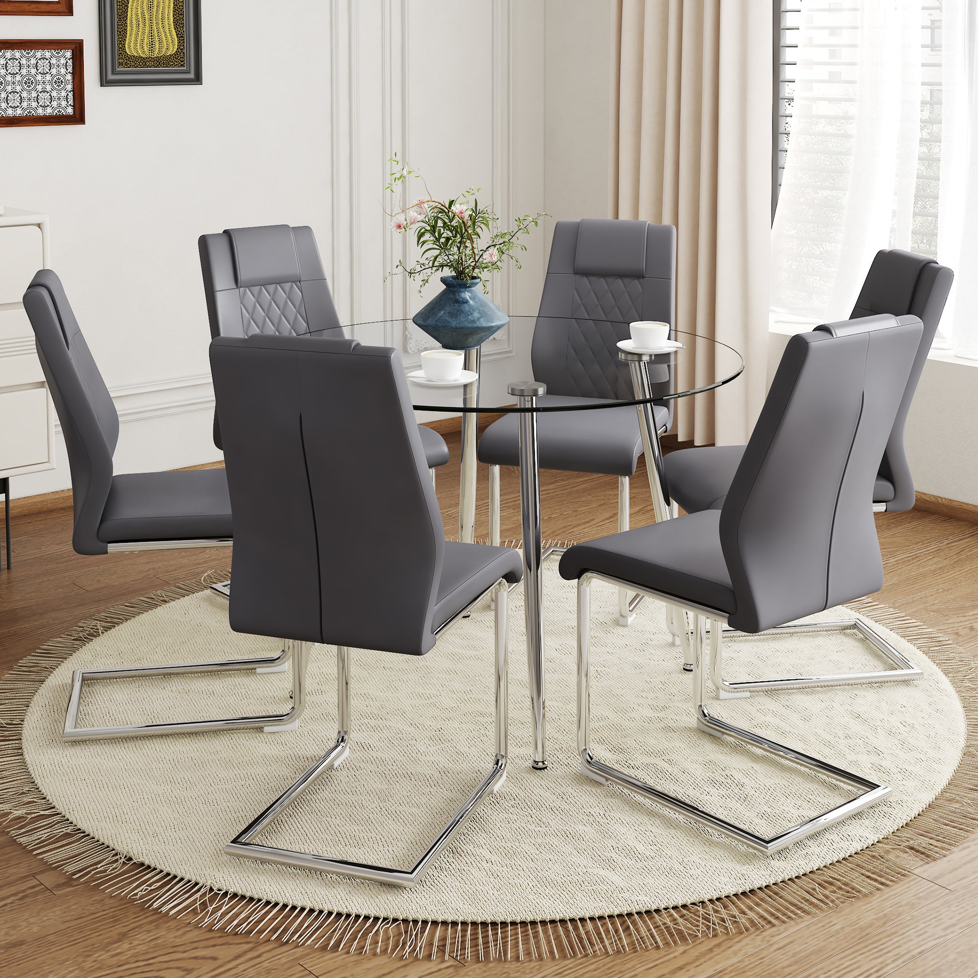 Table And Chair Set.A Modern Minimalist Round Dining Table With Transparent Tempered Glass Top And Silver Metal Legs,And 6 Chairs With Pu Backrest And Seat Cushion And Silver C Tube Metal Legs. Dark Gray,Transparent Seats 6 Glass Metal