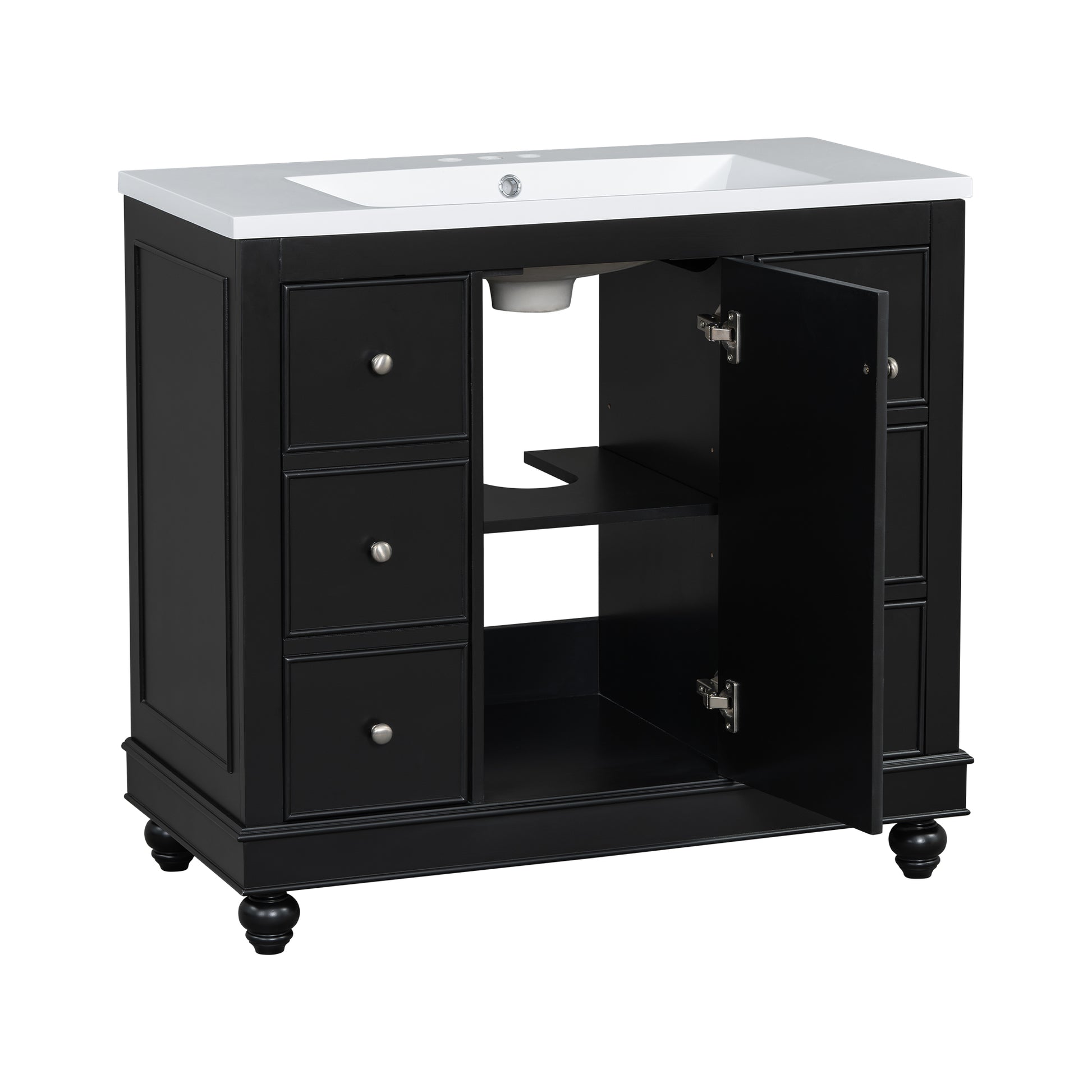 Contemporary Black Bathroom Vanity Cabinet 36X18X34 Inches, 4 Drawers & 1 Cabinet Door, Multipurpose Storage, Resin Integrated Sink, Adjustable Shelves, Solid Wood Frame With Mdf Black Bathroom